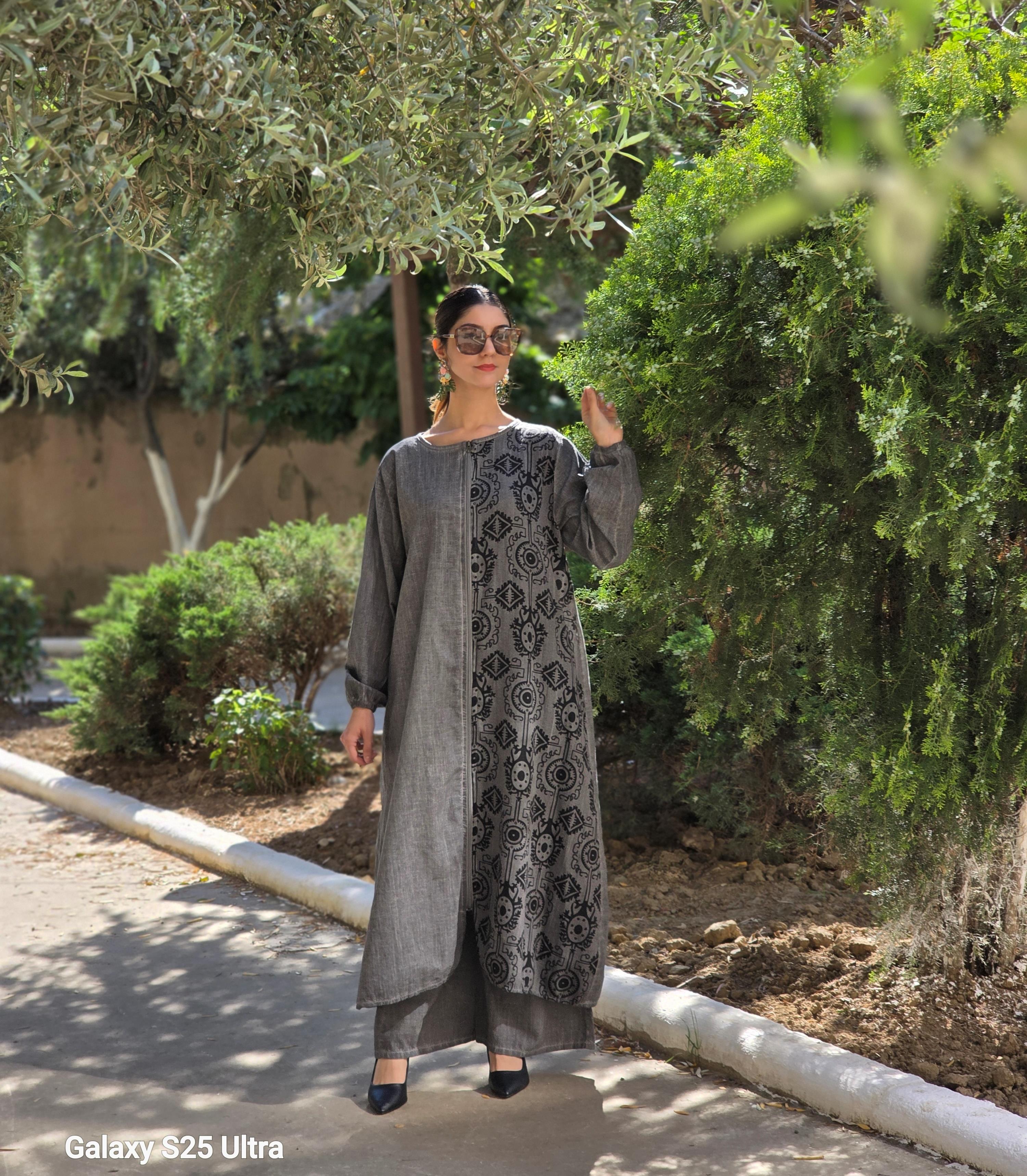 keten etnik fermuarlı ferace antrasit