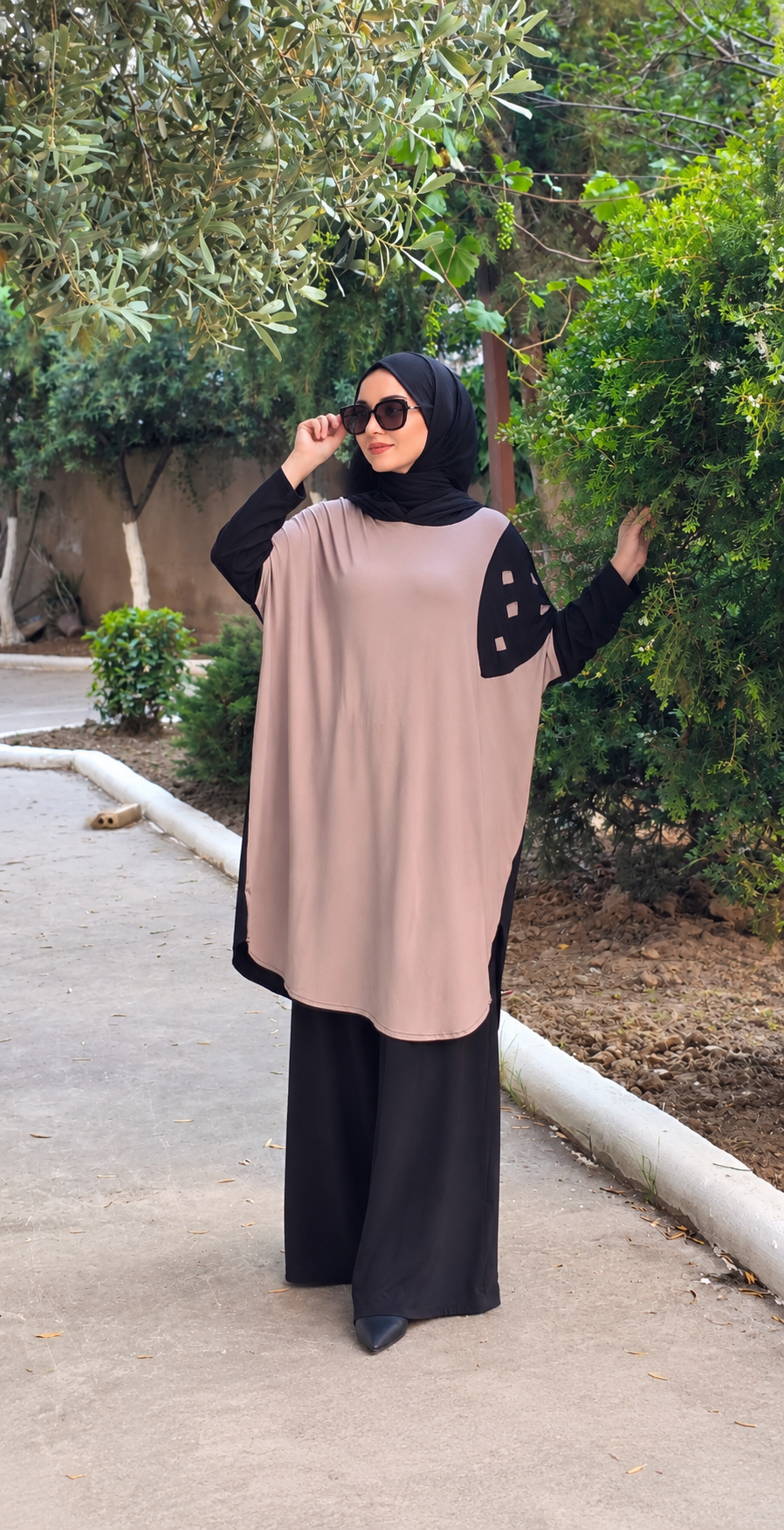 Patchwork Kapüşonlu Yarasa Kol Tunik Vizon