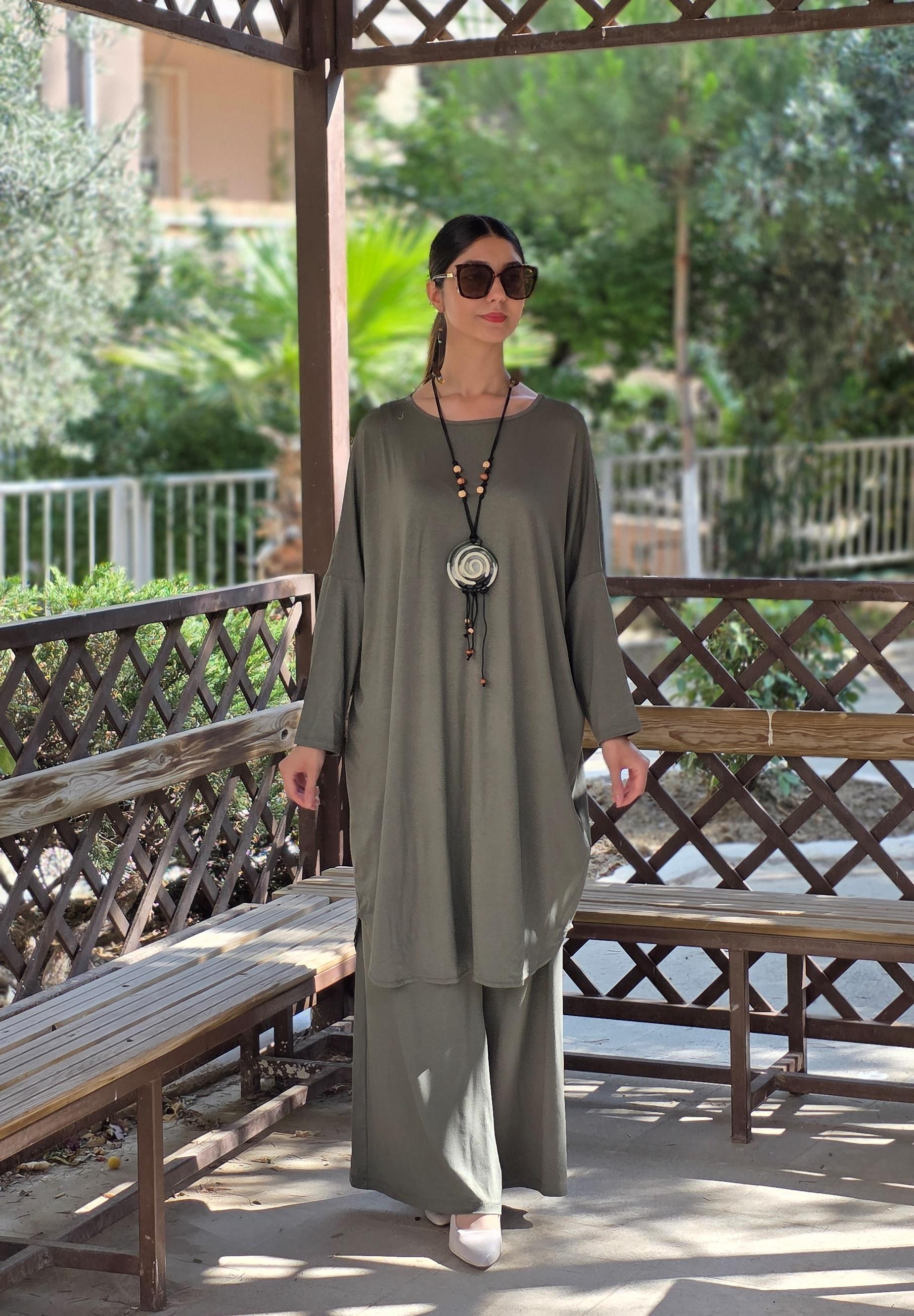 penye yarasa kol salaş tunik haki yeşil