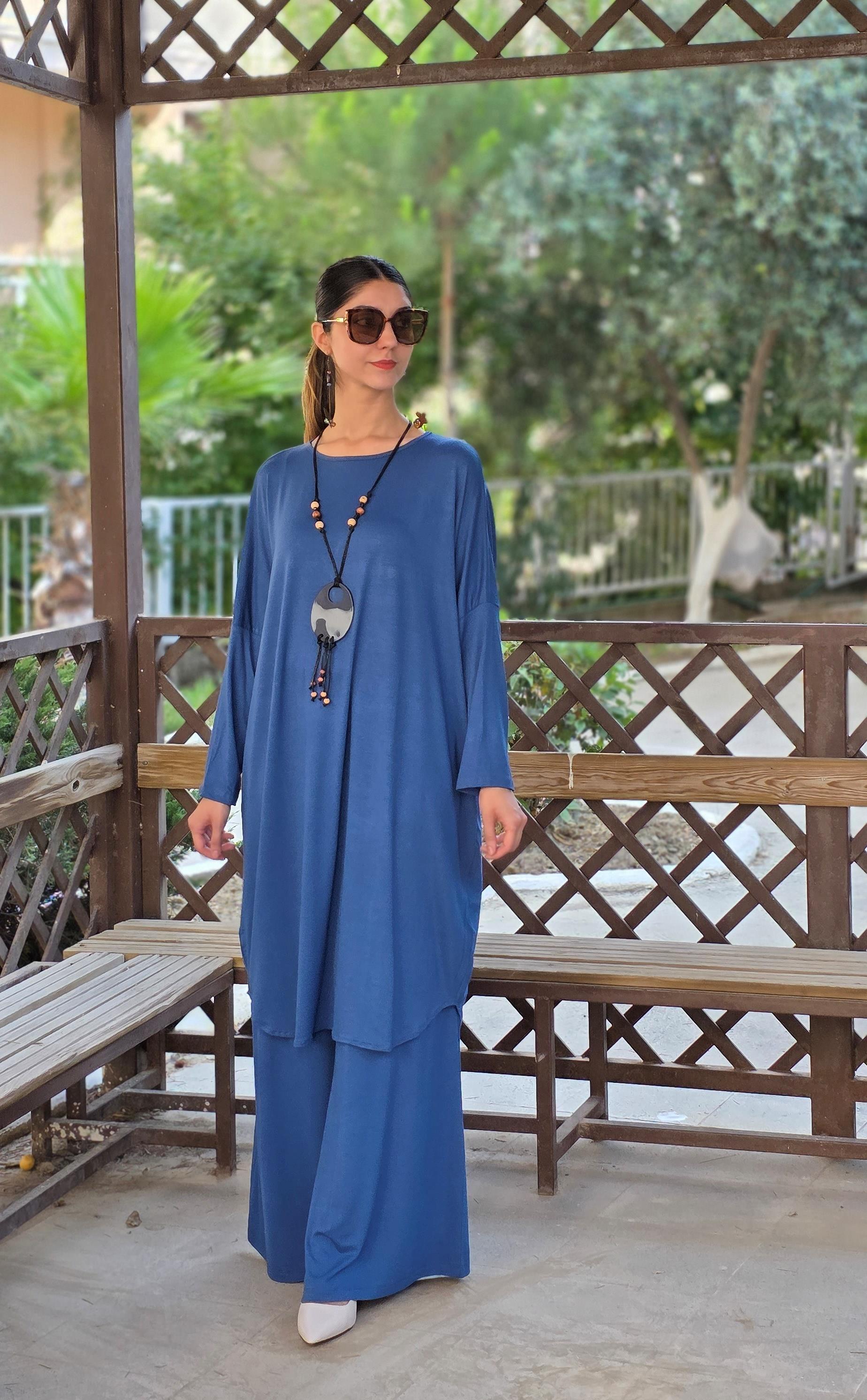 penye yarasa kol salaş tunik indigo mavi