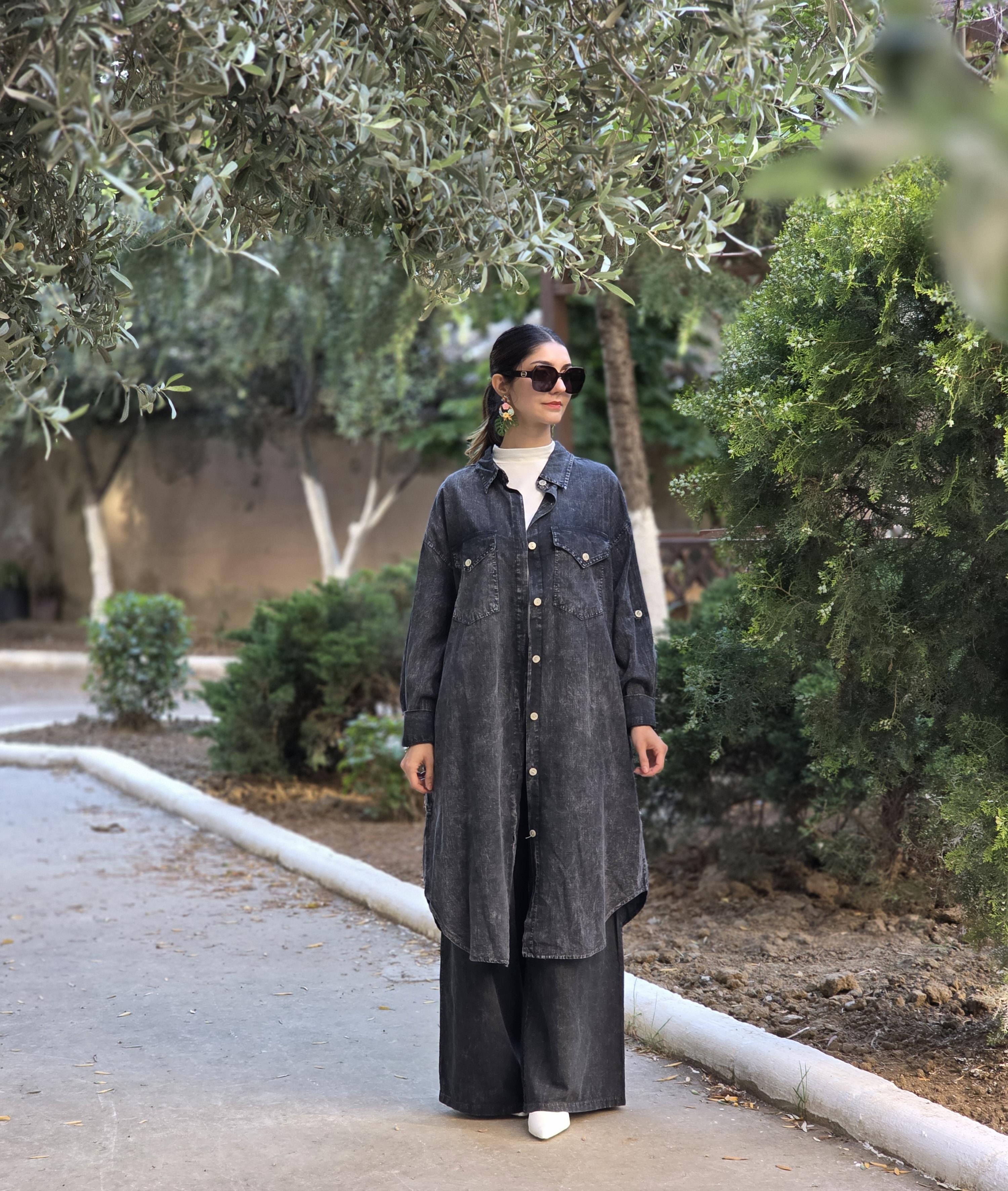 rahat düğmeli keten uzun gömlek