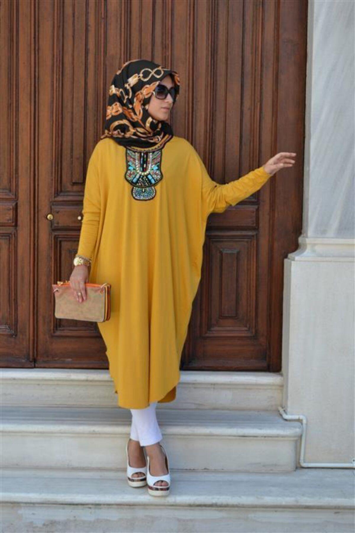 Taşlı Otantik Salaş Tunik - Hardal