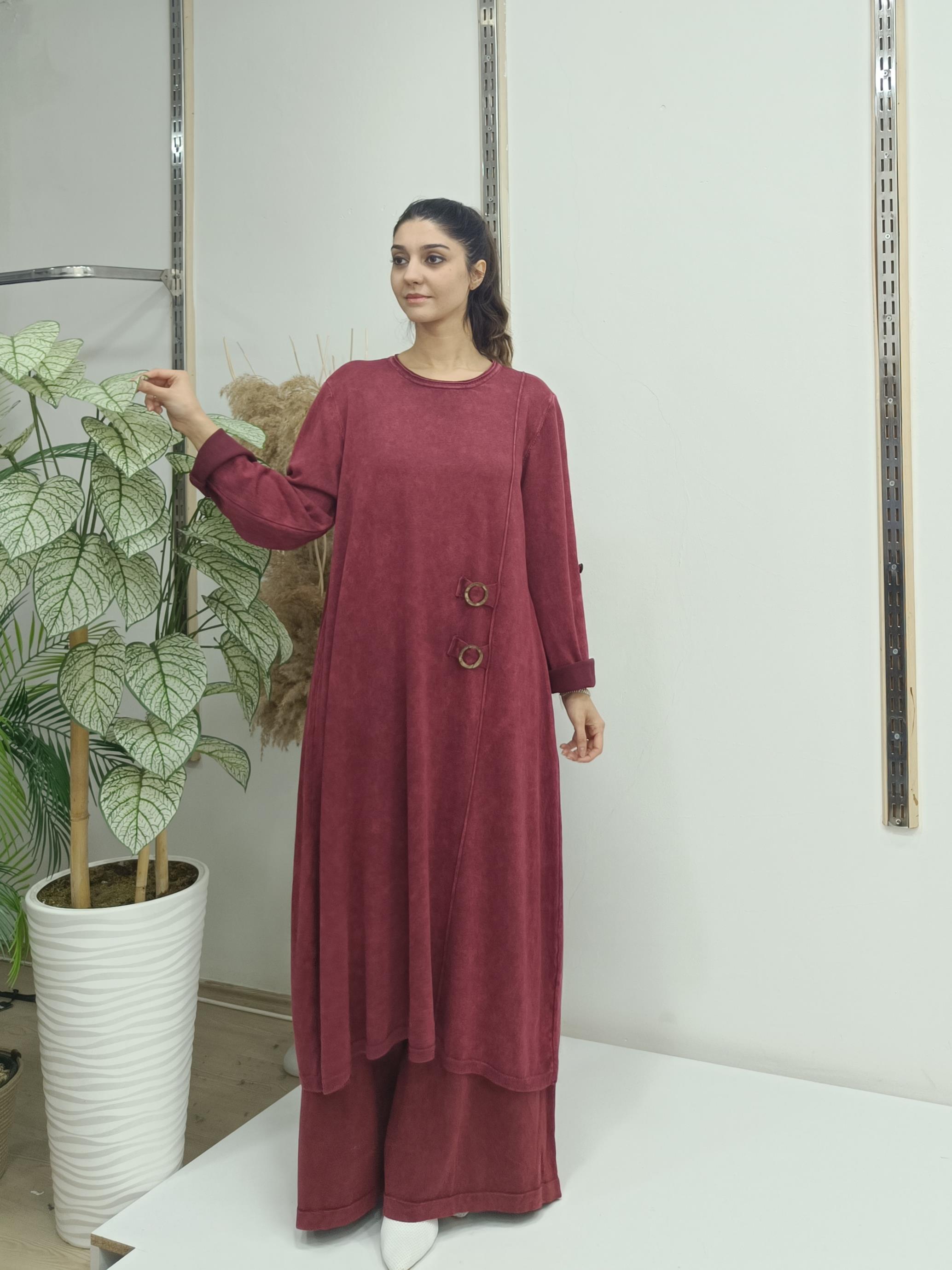 yandan düğmeli salaş uzun tunik  bordo