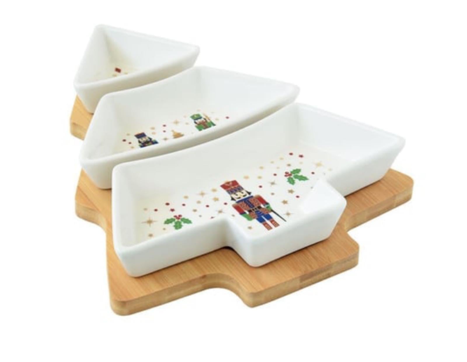 Easy Life Nutcracker Meze Seti Bambu Tepsili 25.5cm x 21cm 3 Porselen Kaseli