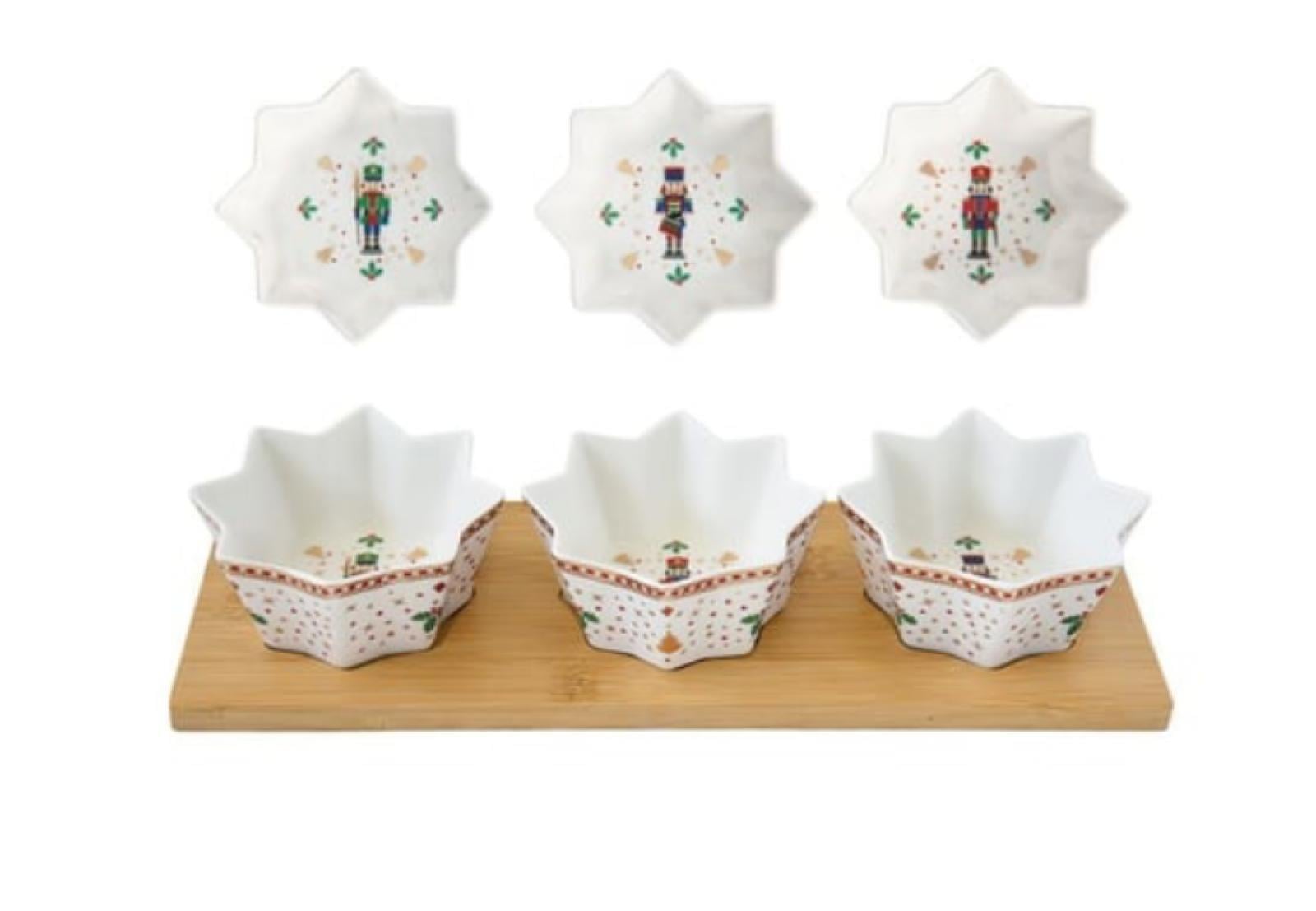 Easy Life Nutcracker Meze Seti Bambu Tepsili 34cm x 12cm 3 Porselen Kaseli