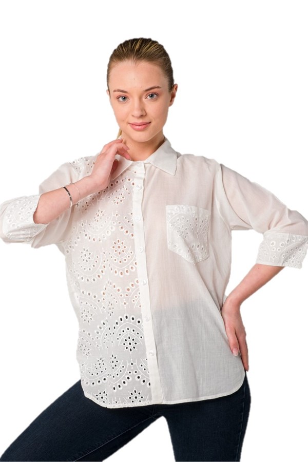 GömlekSOLO TRİKOA21A001-1Solo Kadın Güpür Ajur Detaylı Pamuk Polin Gömlek