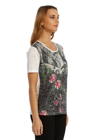 T-shirtSOLO TRİKOA19A002-1Solo Çiçek Baskılı Devore Bluz T-Shirt
