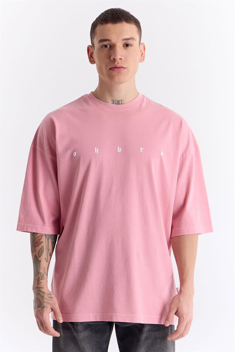 Açık Pembe Uzun Logo Super Oversize Tişört