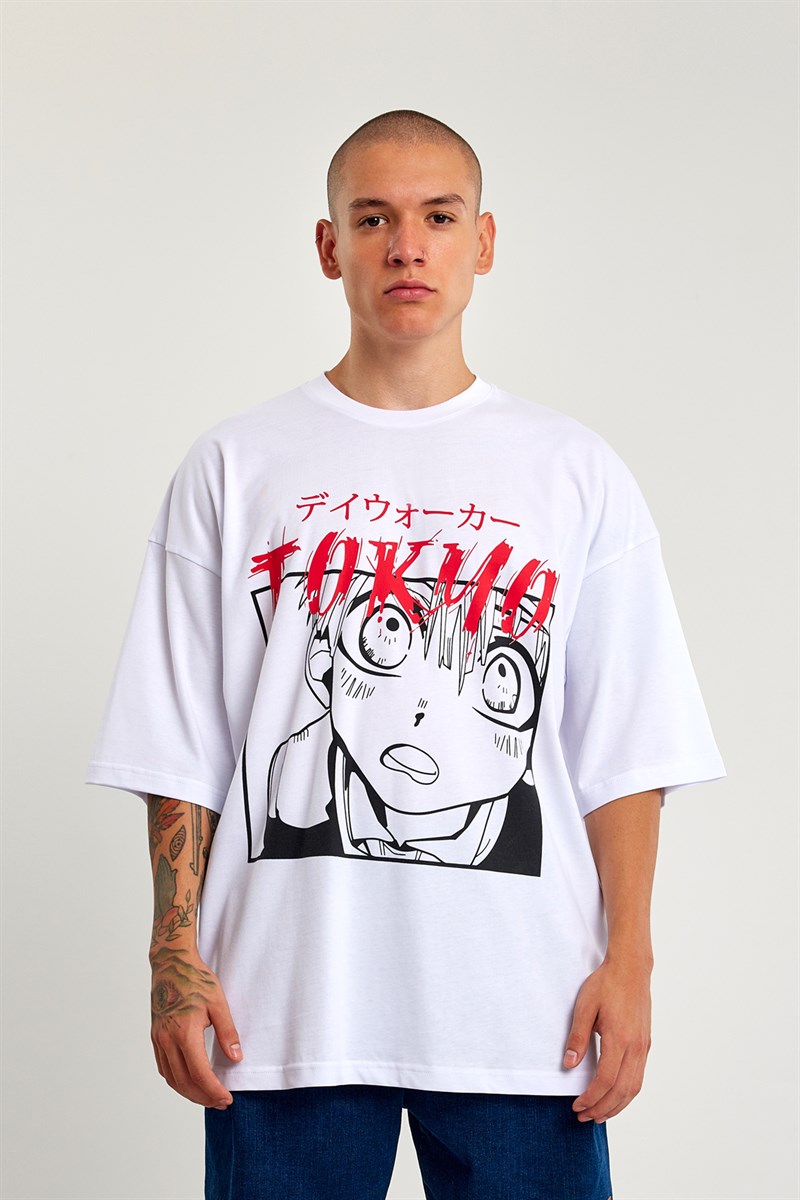 OHBRO Beyaz Tokyo With Manga Face Baskılı Oversize Tişört