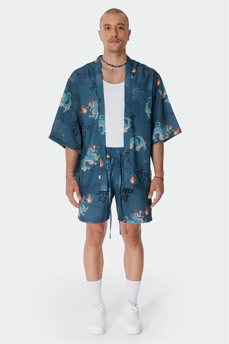 Ejderha Desenli Petrol Rengi Kimono Gömlek