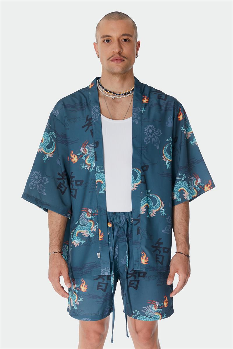 Ejderha Desenli Petrol Rengi Kimono Gömlek