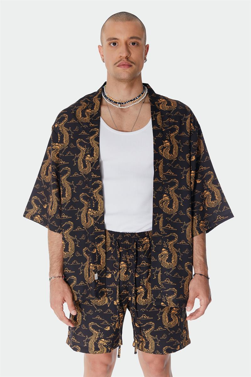 Ejderha Desenli Siyah Kimono Gömlek