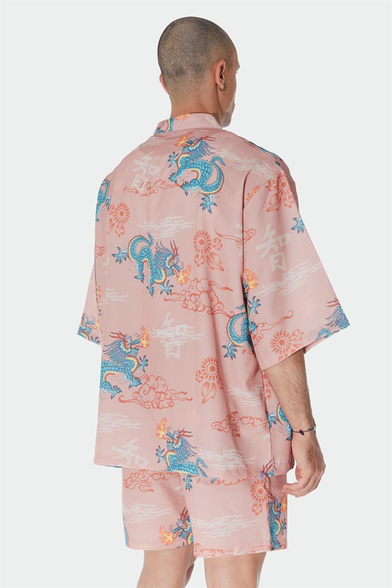 Ejderha Desenli Somon Rengi Kimono Gömlek
