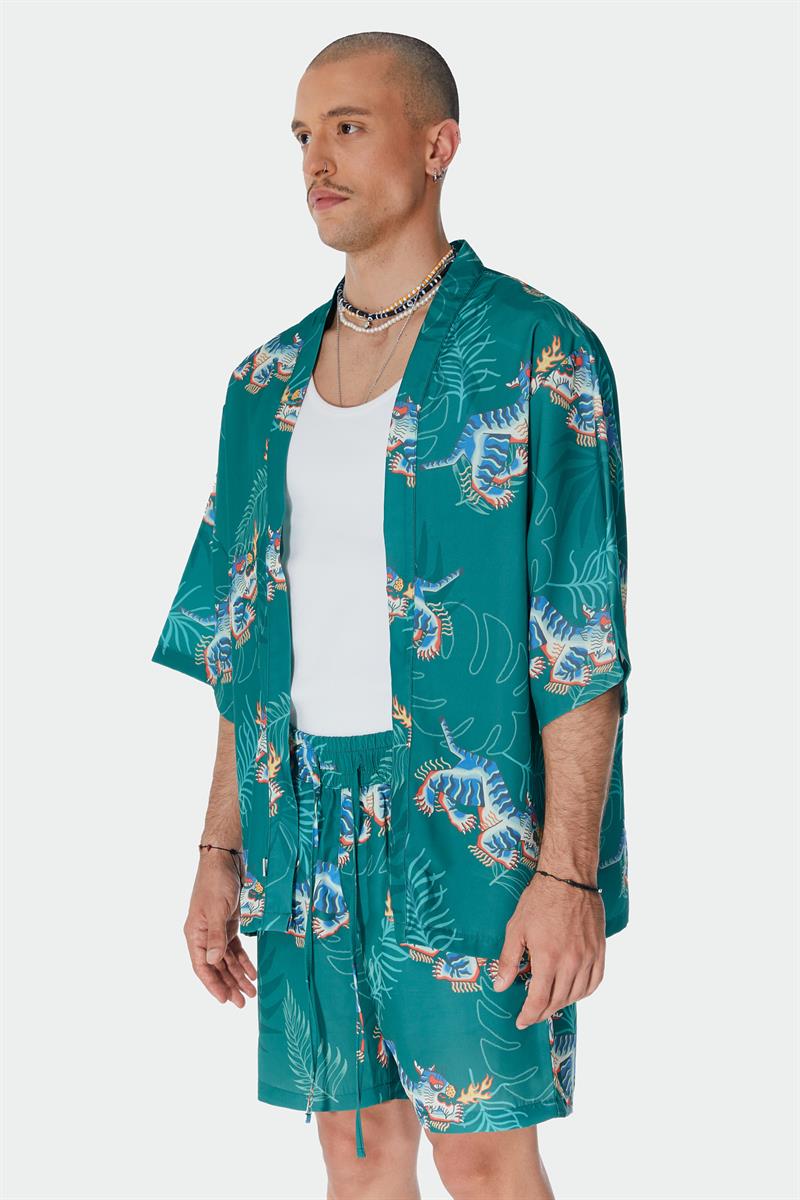 Kaplan Desenli Yeşil Kimono Gömlek