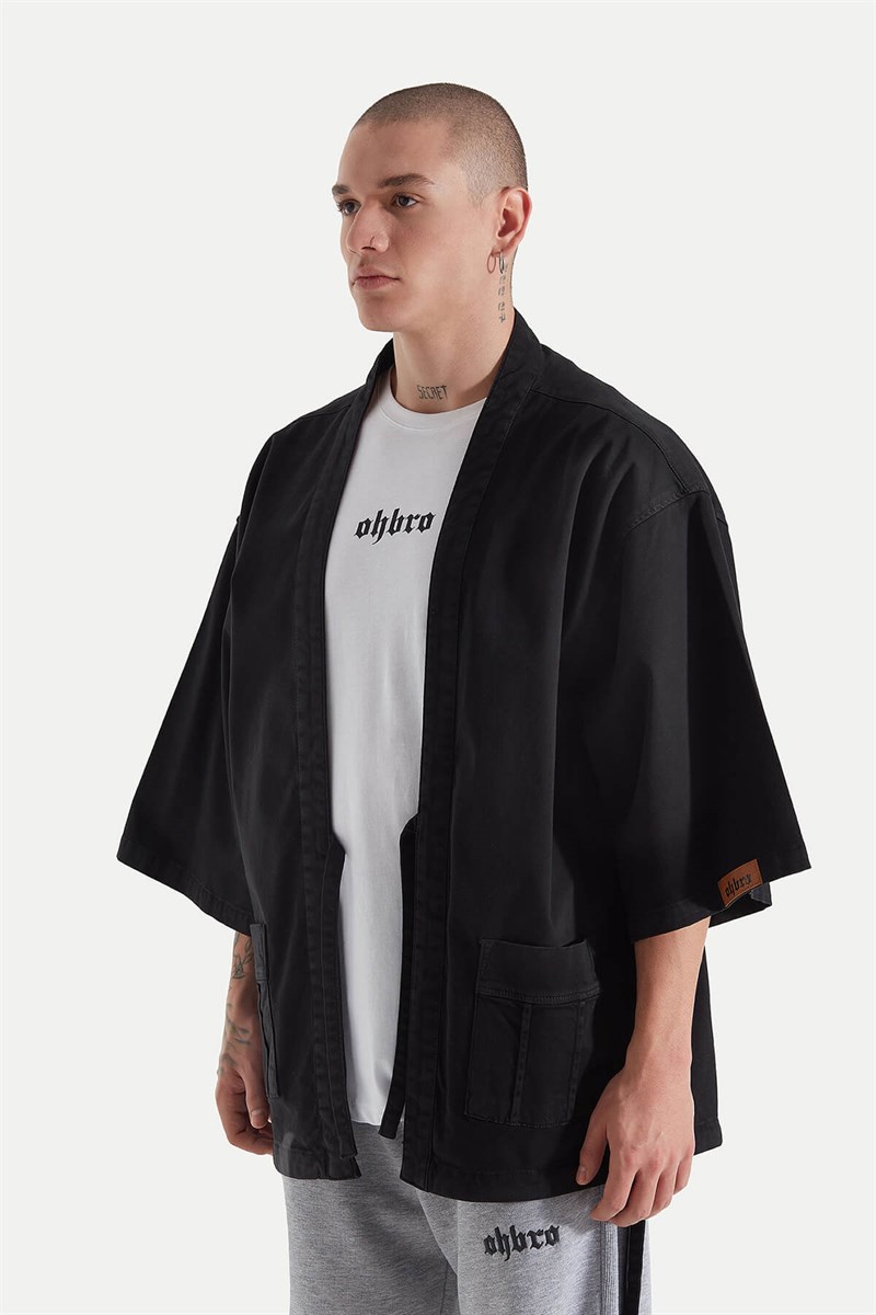 Ohbro Soft Siyah Kot Yılan Baskılı Kimono Ceket