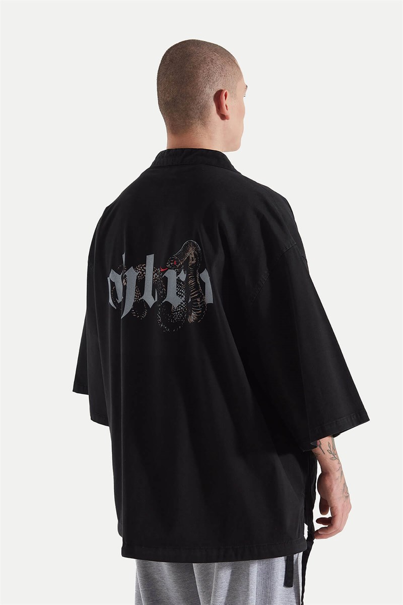 Ohbro Soft Siyah Kot Yılan Baskılı Kimono Ceket