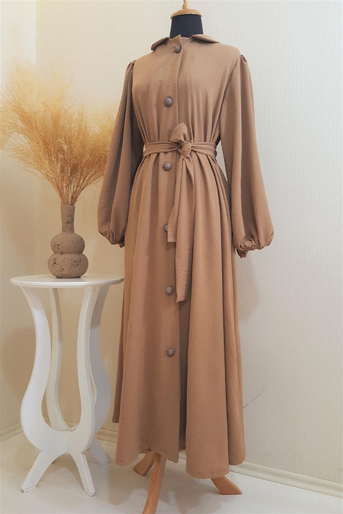 Bebe Yakalı Mevlana Kesim Omuz Büzgülü Ayrobin Camel Ferace
