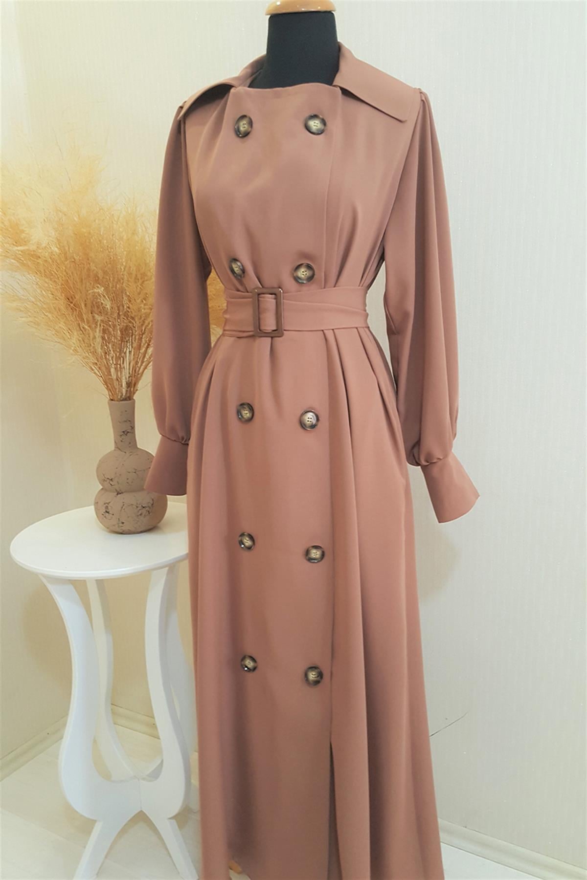 Kruvaze Medine İpeği Camel Tam Boy Trençkot