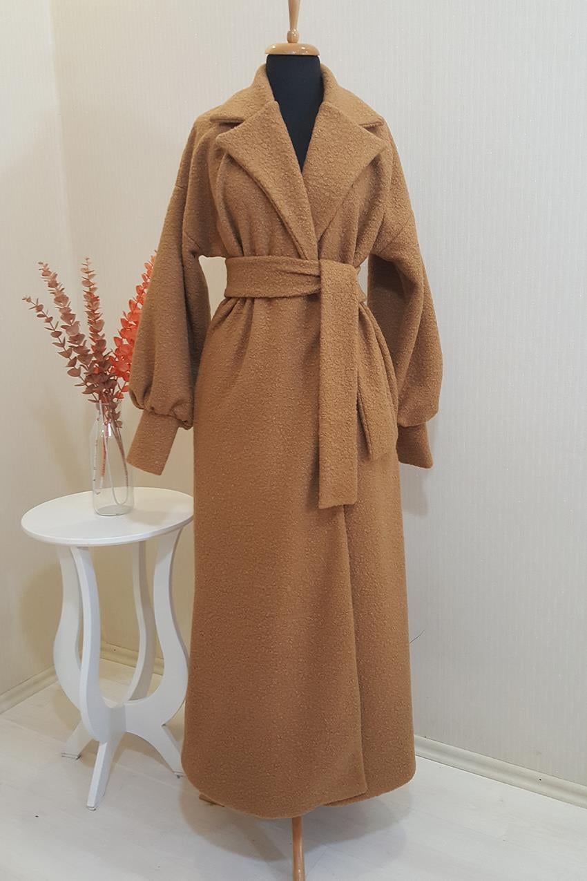 Astarlı Şal Yakalı Manşet Detaylı Camel Buklet Uzun Kaban