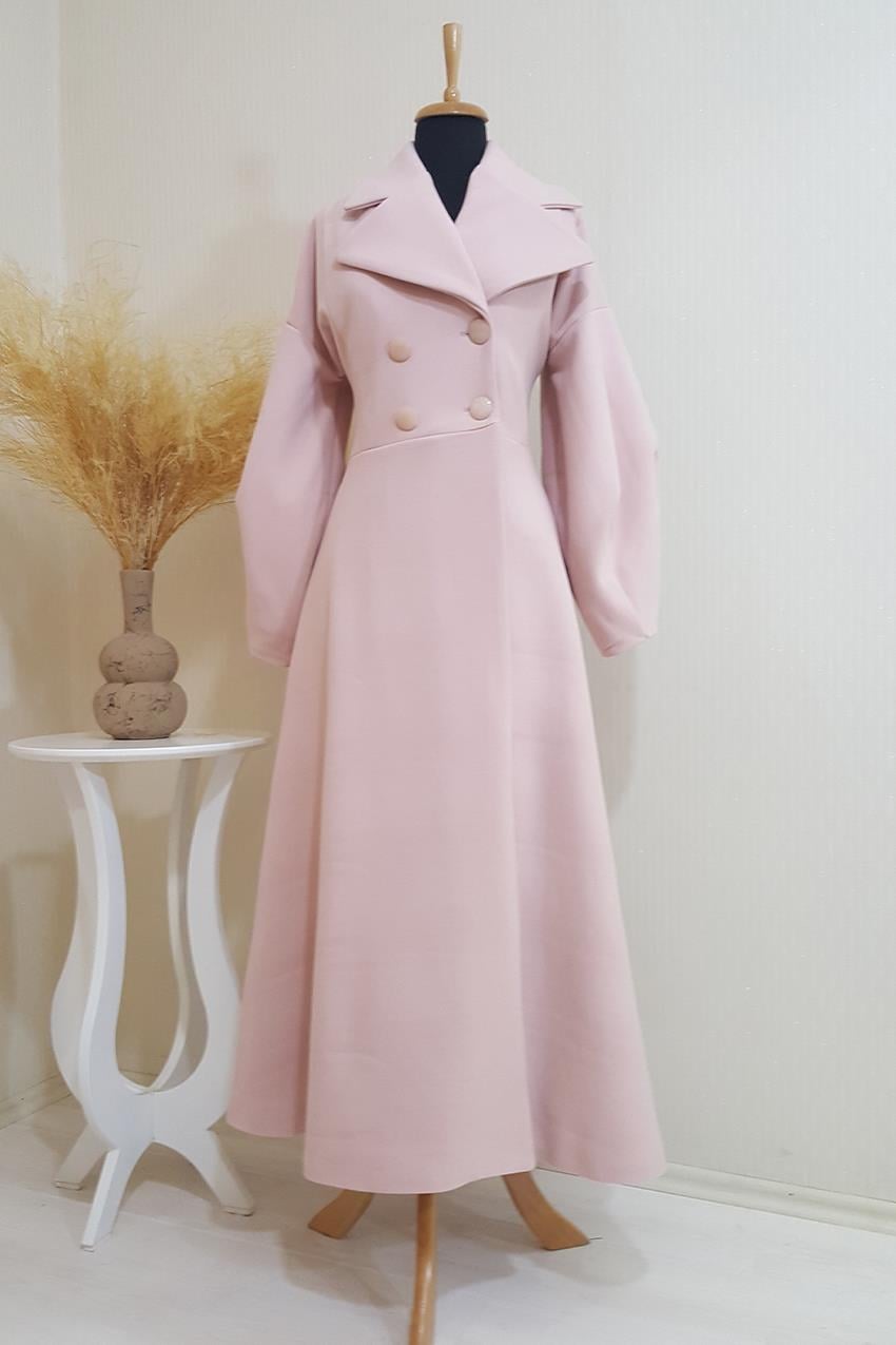 Astarlı Yaka Ve Kol Detaylı Eteği Kloş Lüks Kruvaze Pudra Pembe Uzun Kaban