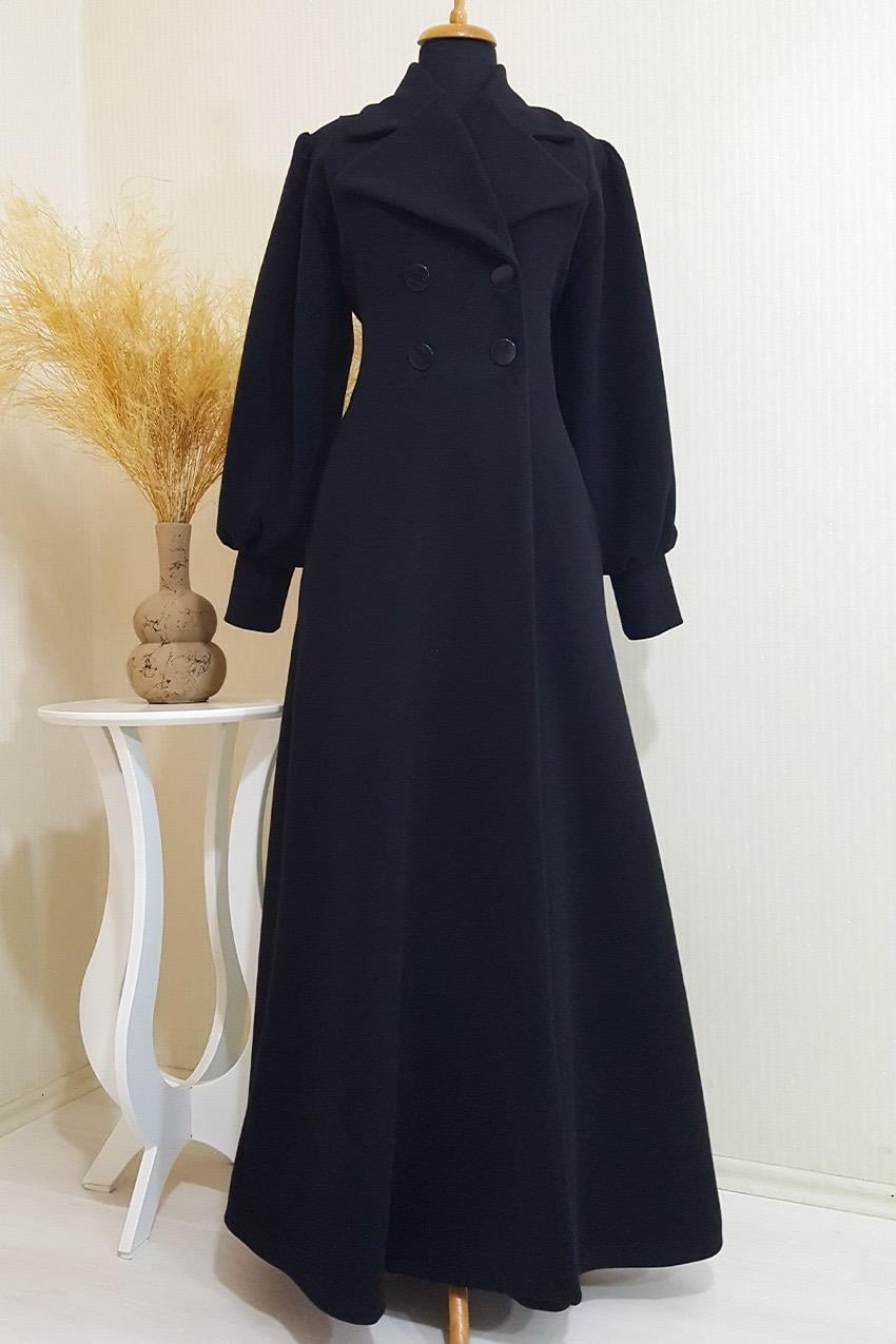 Astarlı Yaka Ve Vintage Kol Detaylı Eteği Kloş Lüks Kruvaze Siyah Uzun Kaban