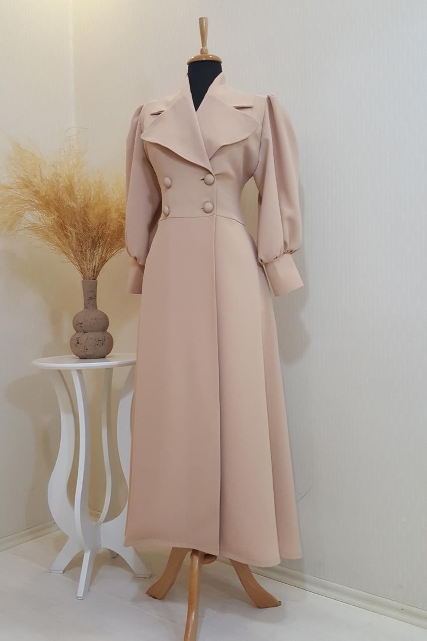 Yaka Ve Vintage Kol Detaylı Eteği Kloş Pudra Lüks Kruvaze Krep Uzun Ceket