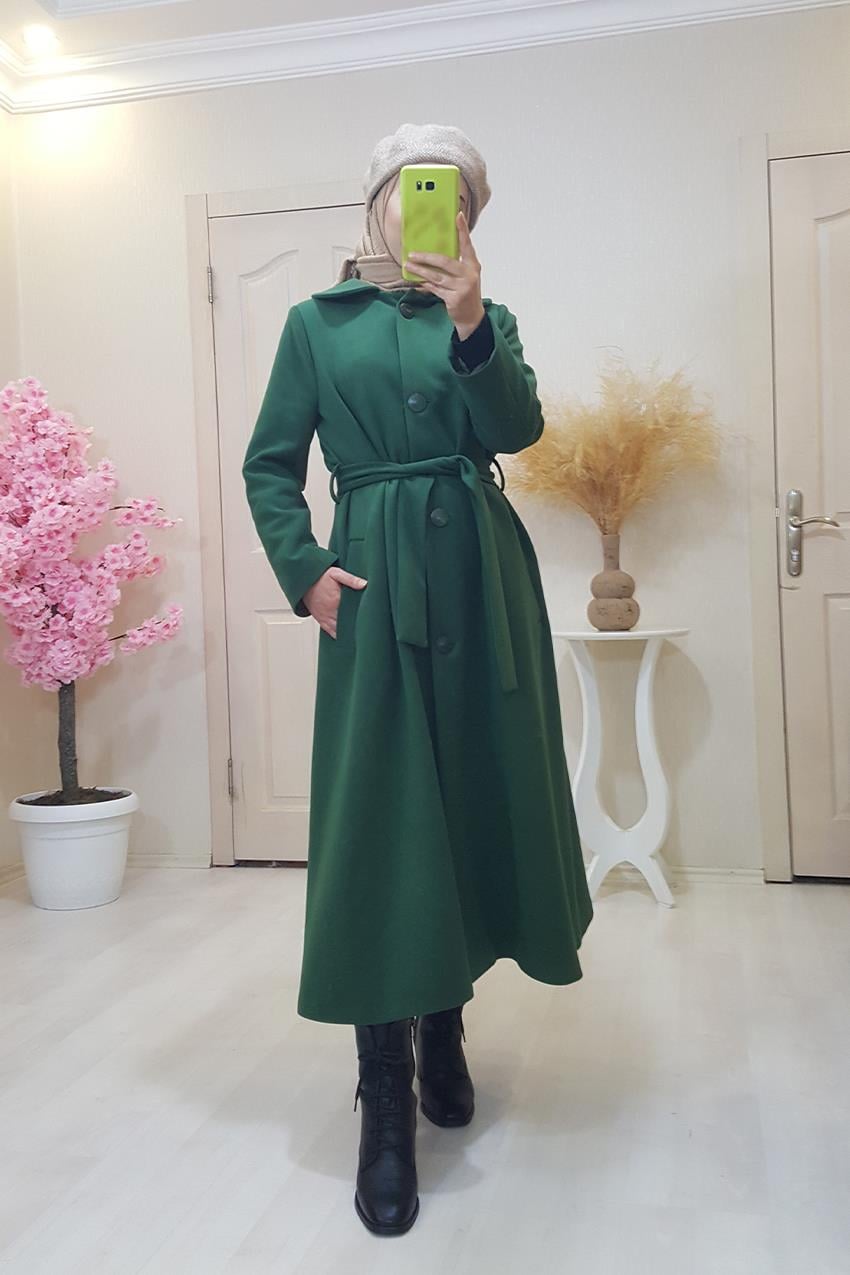 Astarlı Bebe Yakalı Mevlana Kesim Zümrüt Yeşili Uzun Kaban