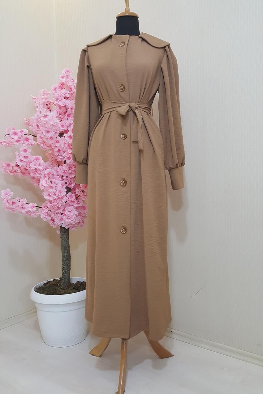 Bebe Yakalı Omuz Detaylı Ayrobin Camel Uzun Ceket