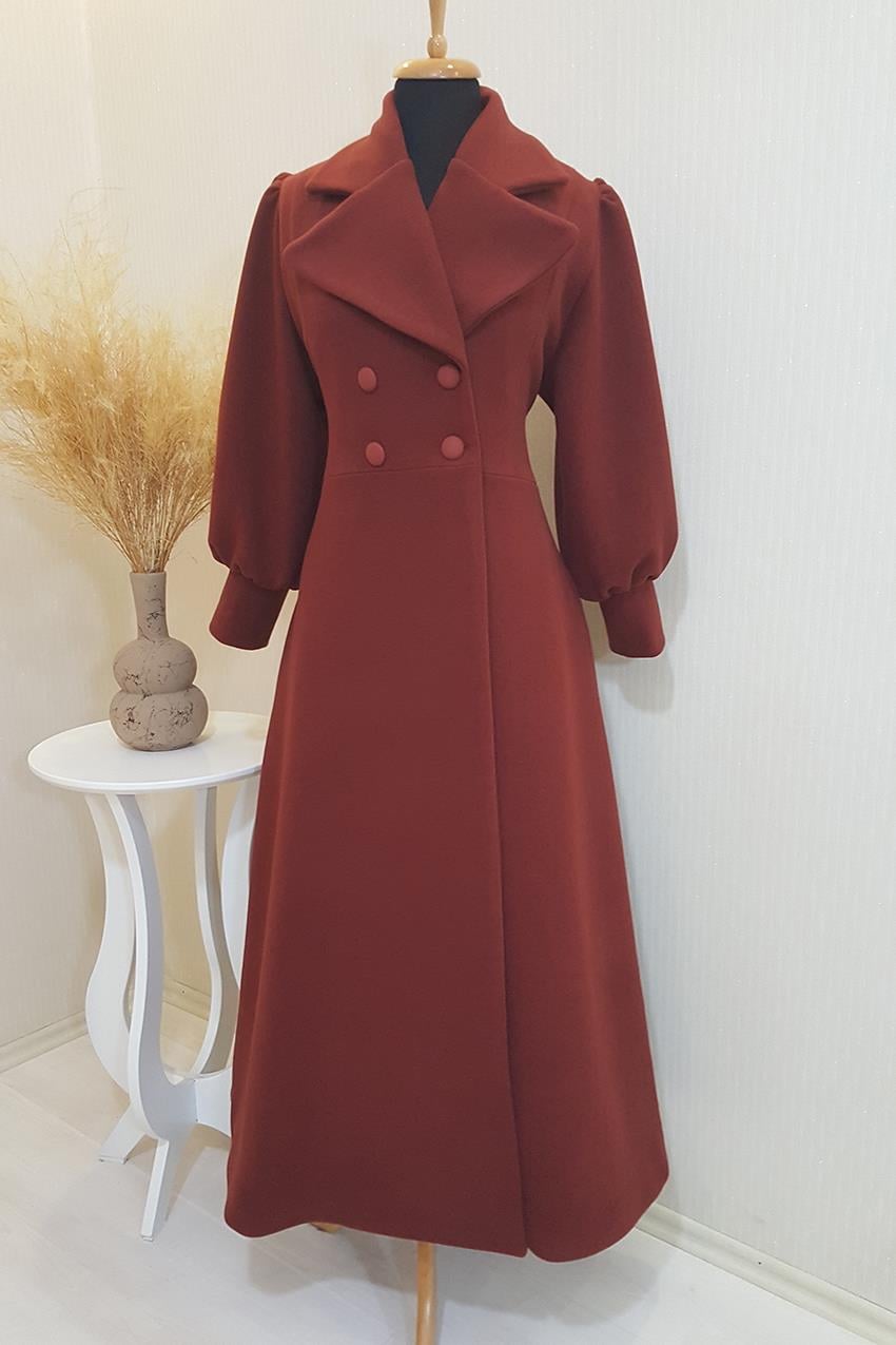 Astarlı Yaka Ve Vintage Kol Detaylı Eteği Kloş Lüks Kruvaze Taba Uzun Kaban