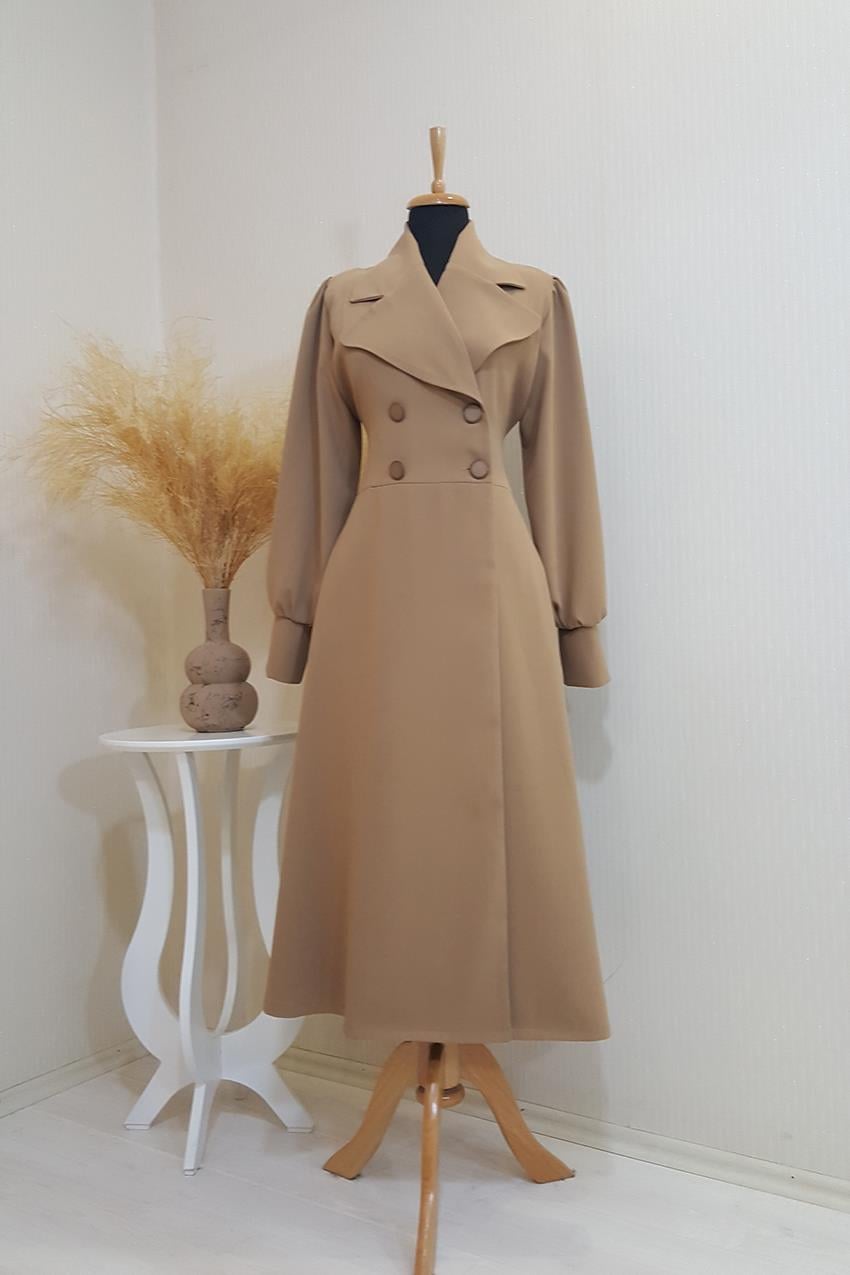 Yaka Ve Vintage Kol Detaylı Eteği Kloş Camel Pamuklu Uzun Ceket