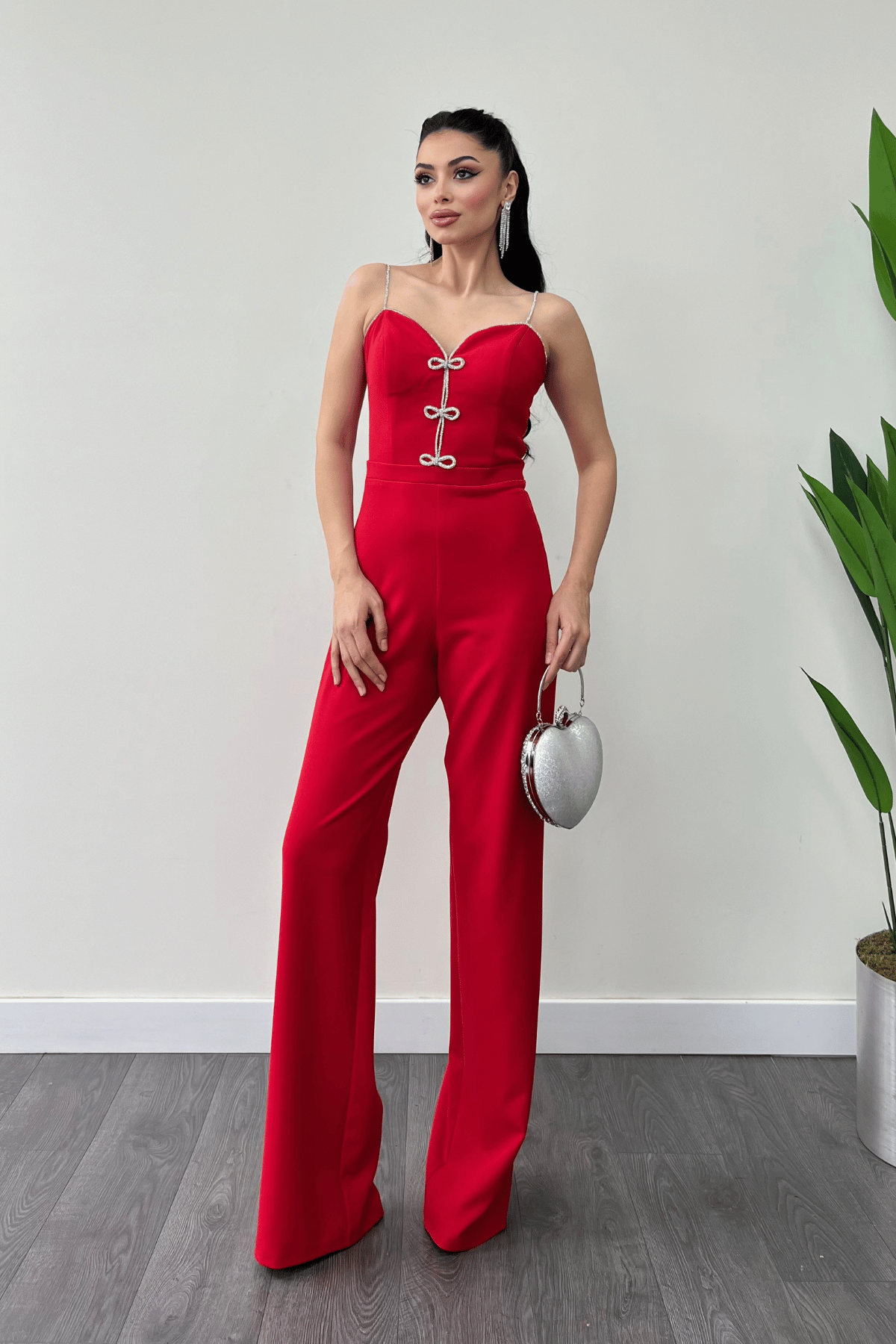 Atlas Kumaş Fiyonk Detaylı Abiye Tulum - KIRMIZI