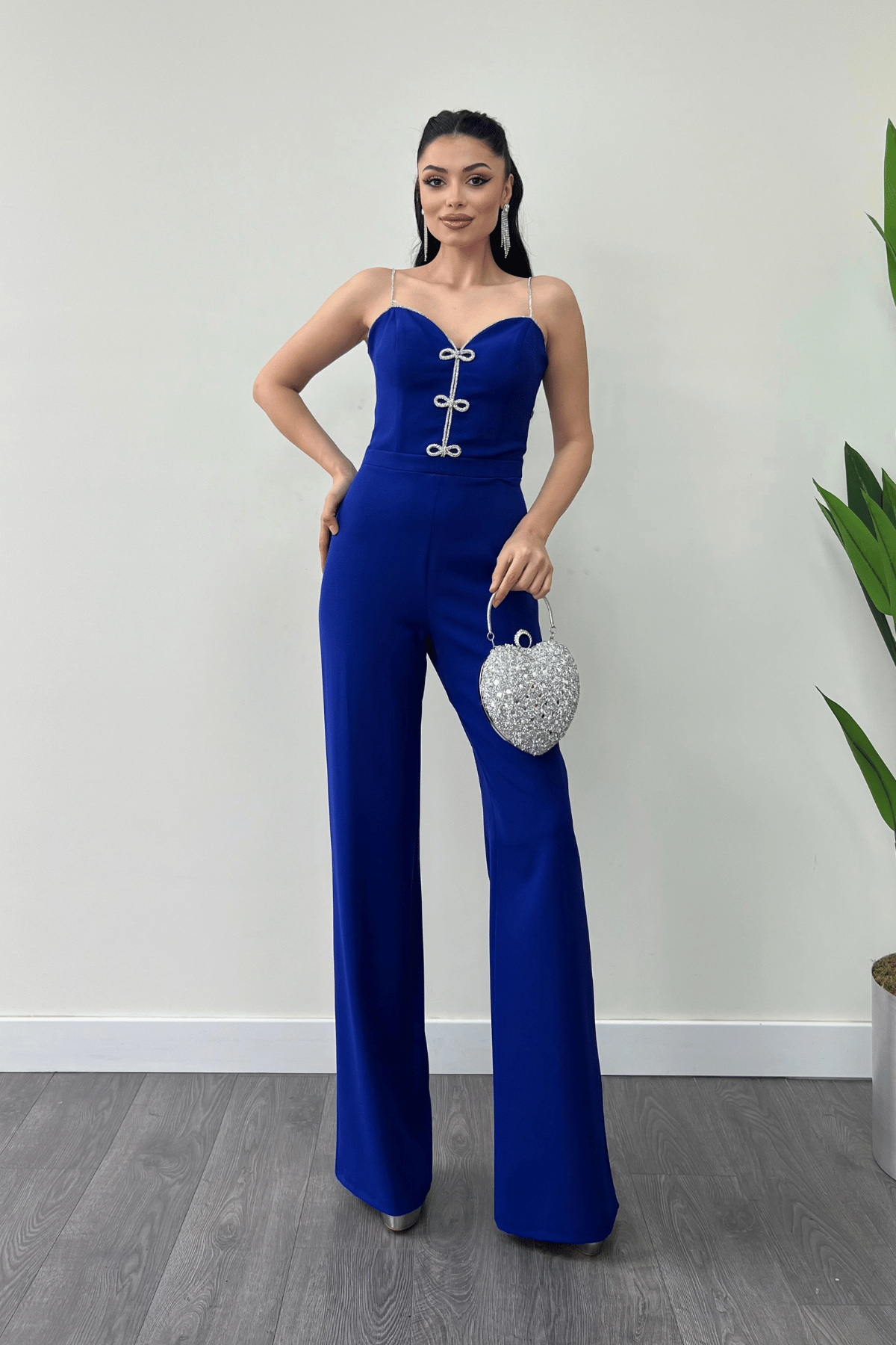 Atlas Kumaş Fiyonk Detaylı Abiye Tulum - SAKS MAVİ