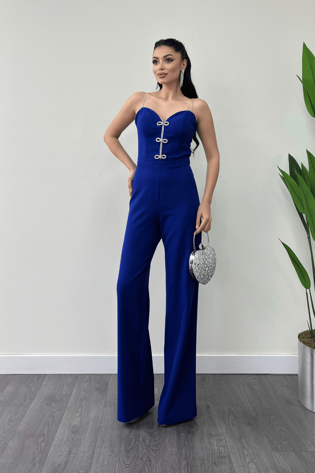 Atlas Kumaş Fiyonk Detaylı Abiye Tulum - SAKS MAVİ