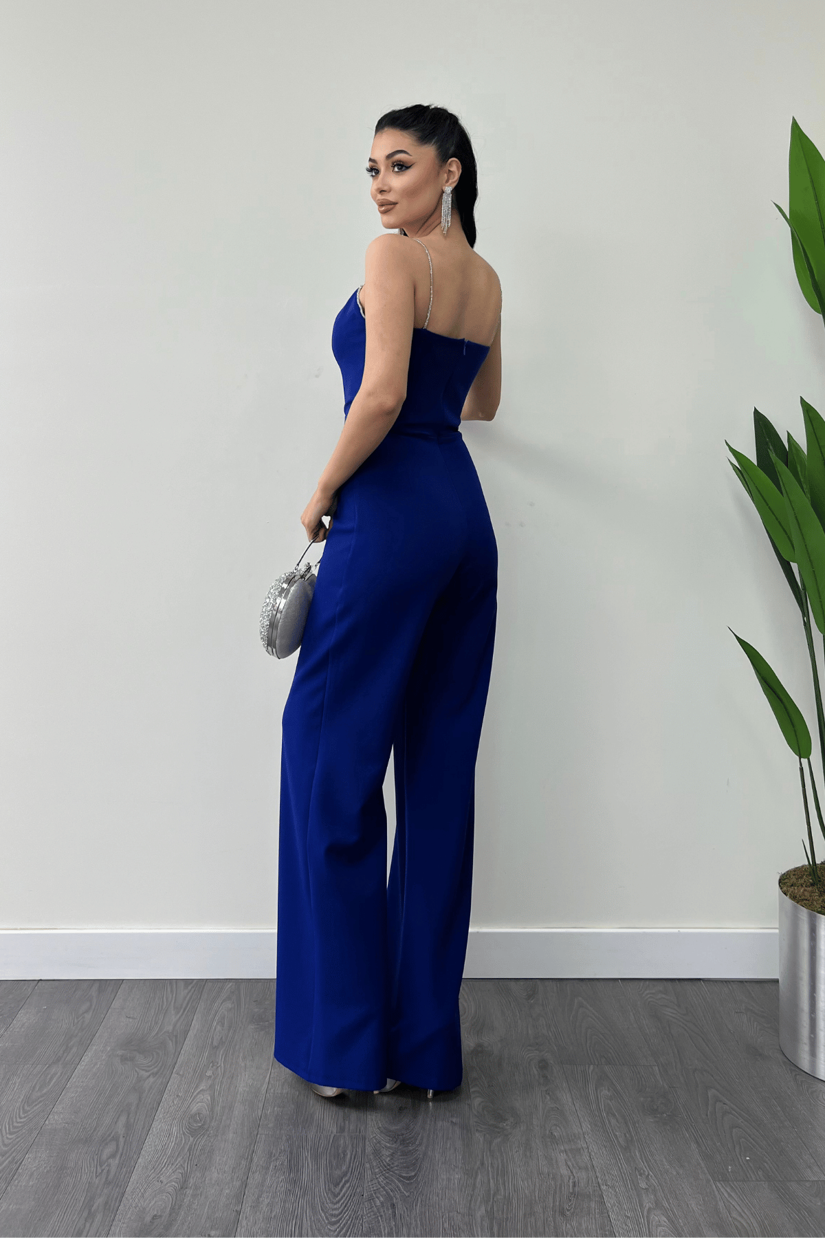 Atlas Kumaş Fiyonk Detaylı Abiye Tulum - SAKS MAVİ