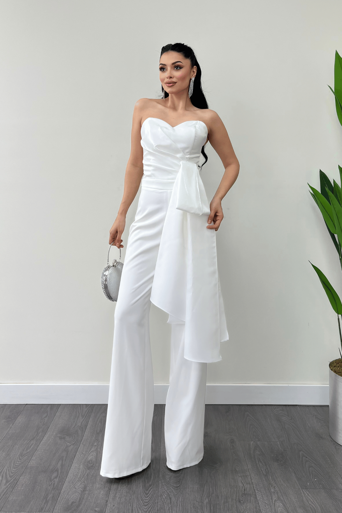 Atlas Kumaş Saten Detaylı Straplez Abiye Tulum - BEYAZ