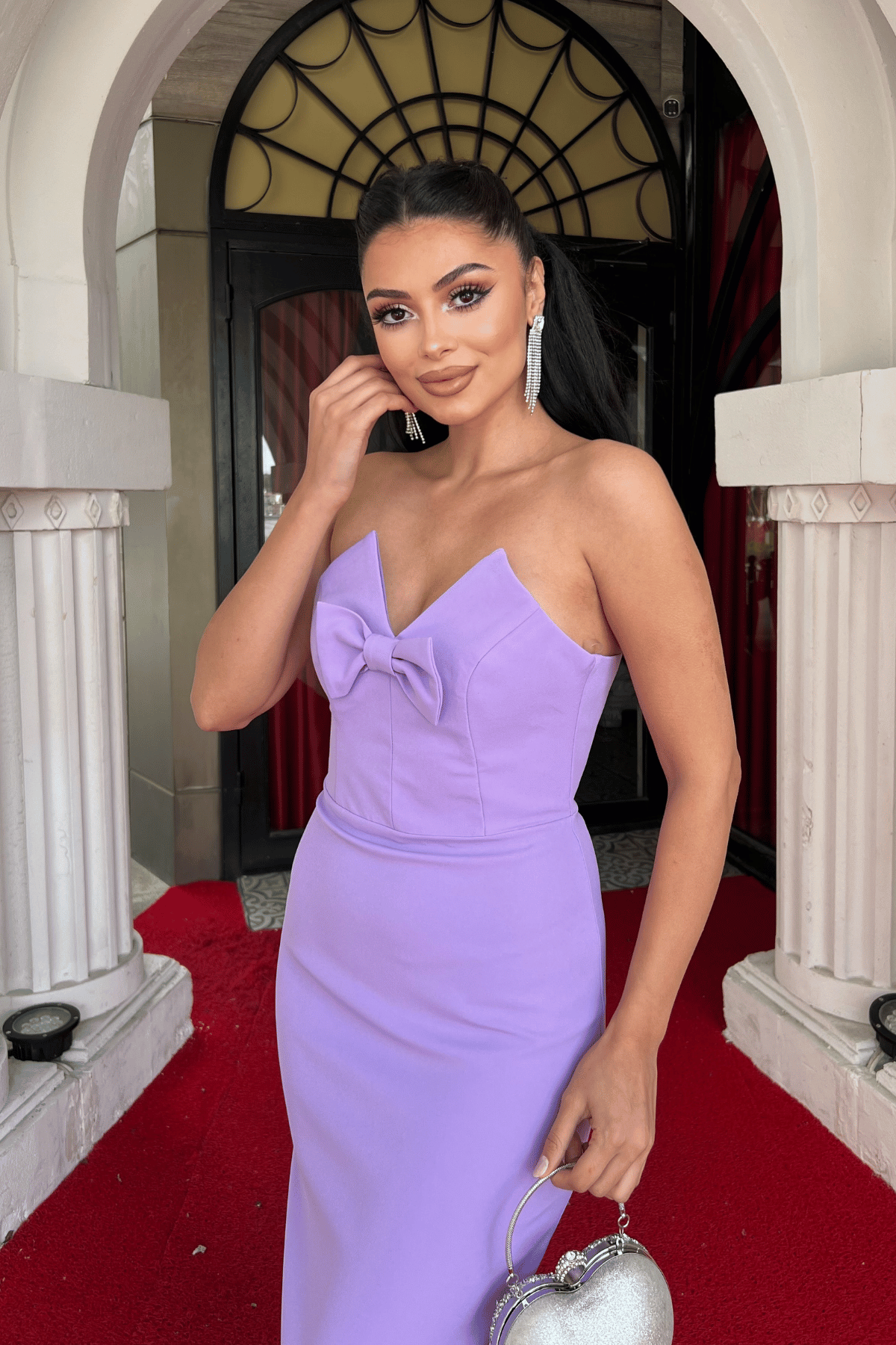 Atlas Kumaş Straplez Fiyonklu Kalem Elbise - LİLA