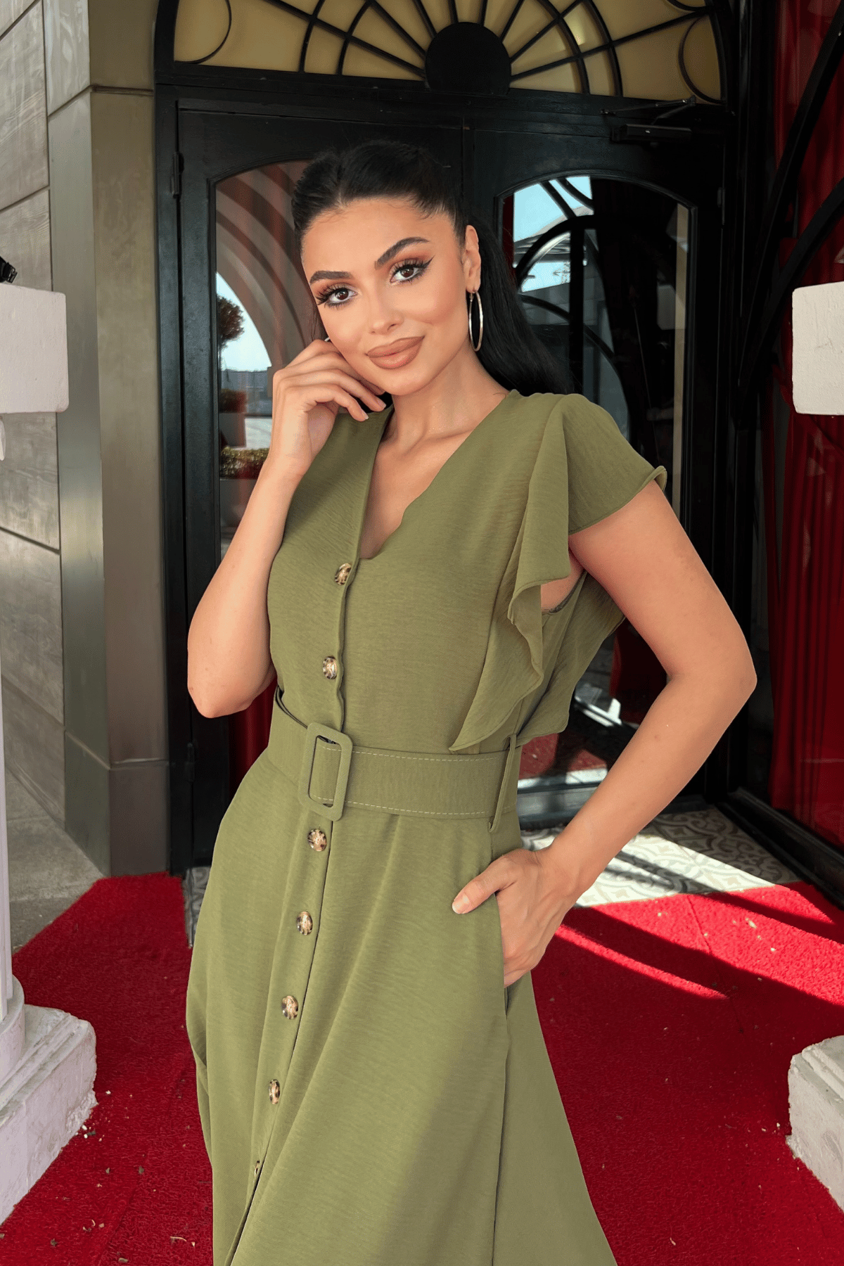 Ayrobin Kumaş Düğme Detaylı Elbise - HAKİ YEŞİLİ