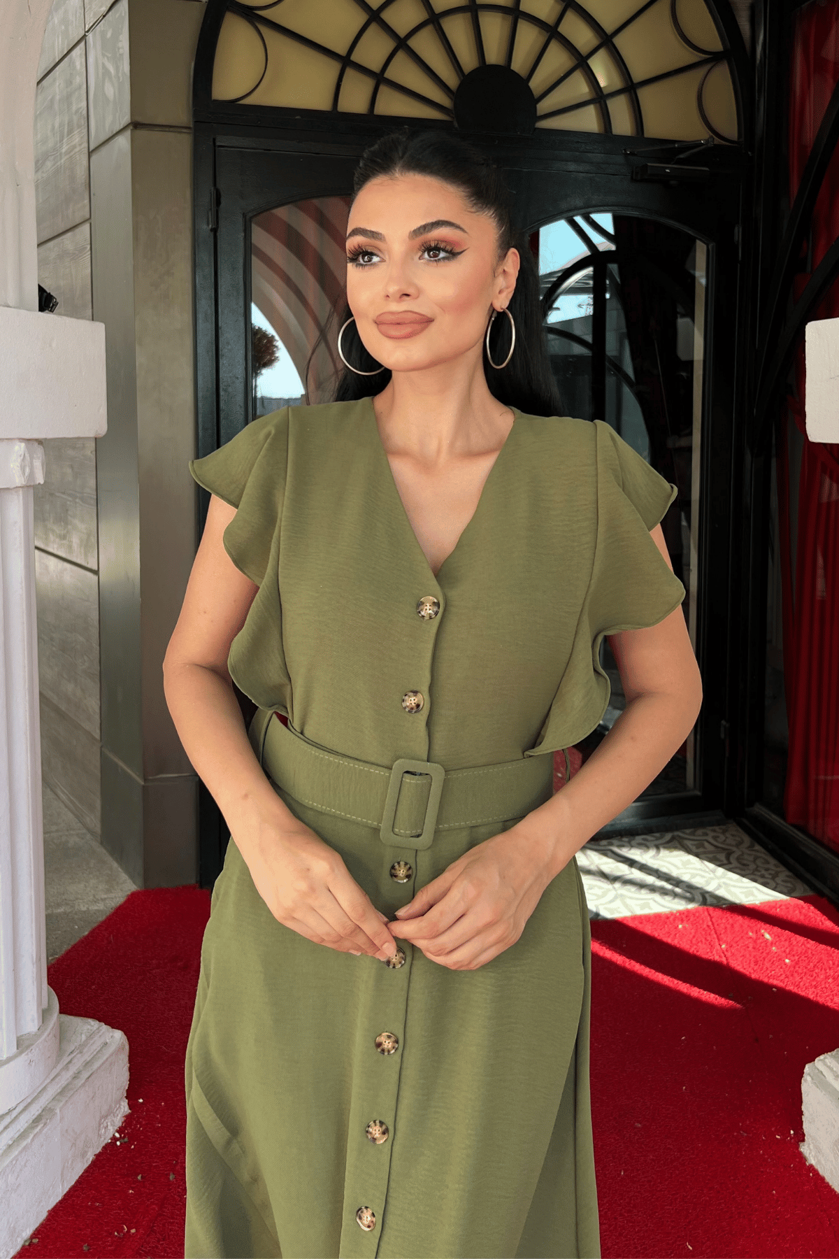 Ayrobin Kumaş Düğme Detaylı Elbise - HAKİ YEŞİLİ