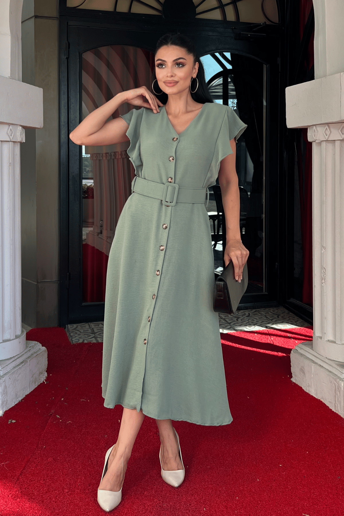 Ayrobin Kumaş Düğme Detaylı Elbise - MİNT YEŞİLİ