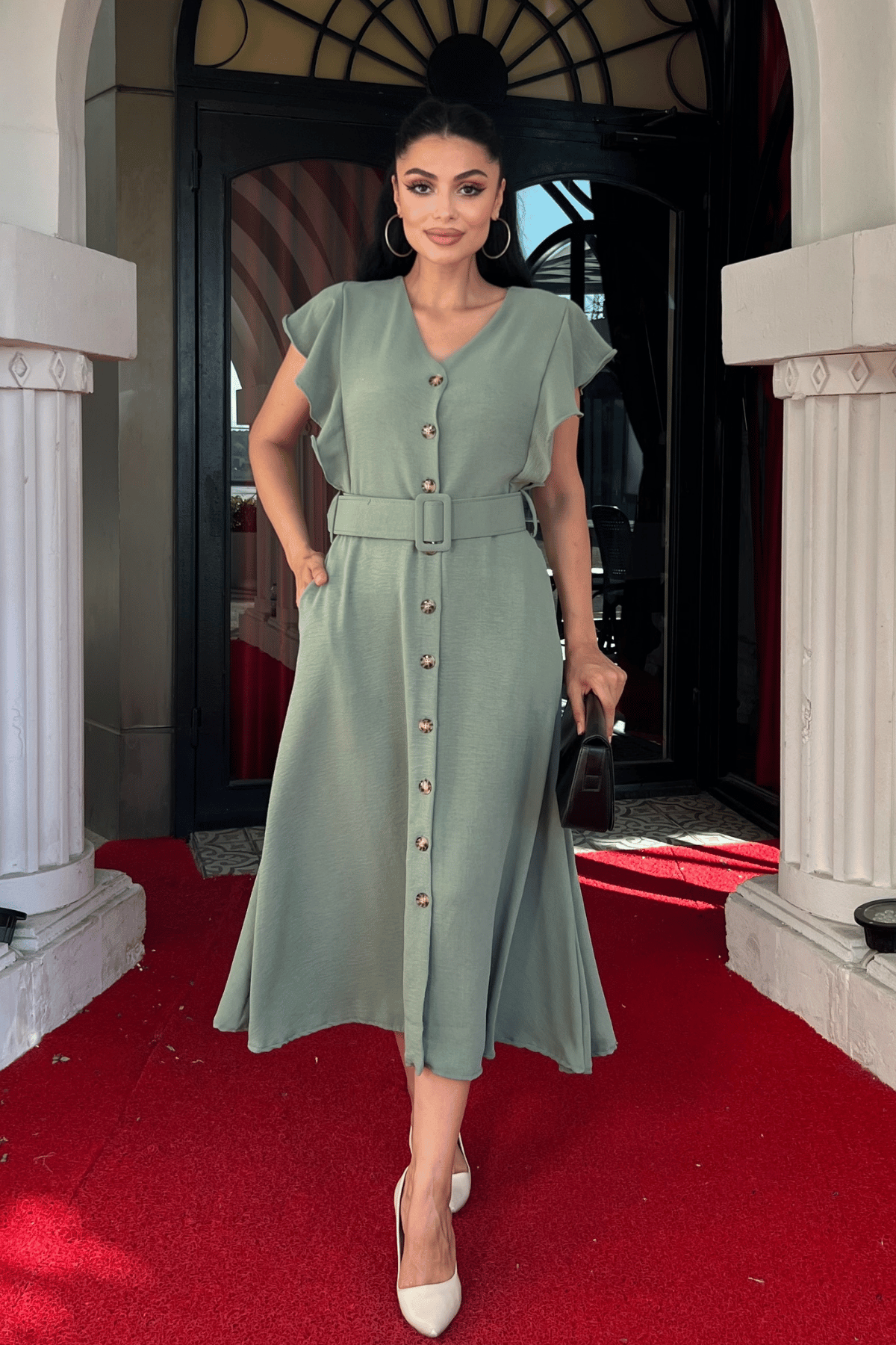 Ayrobin Kumaş Düğme Detaylı Elbise - MİNT YEŞİLİ