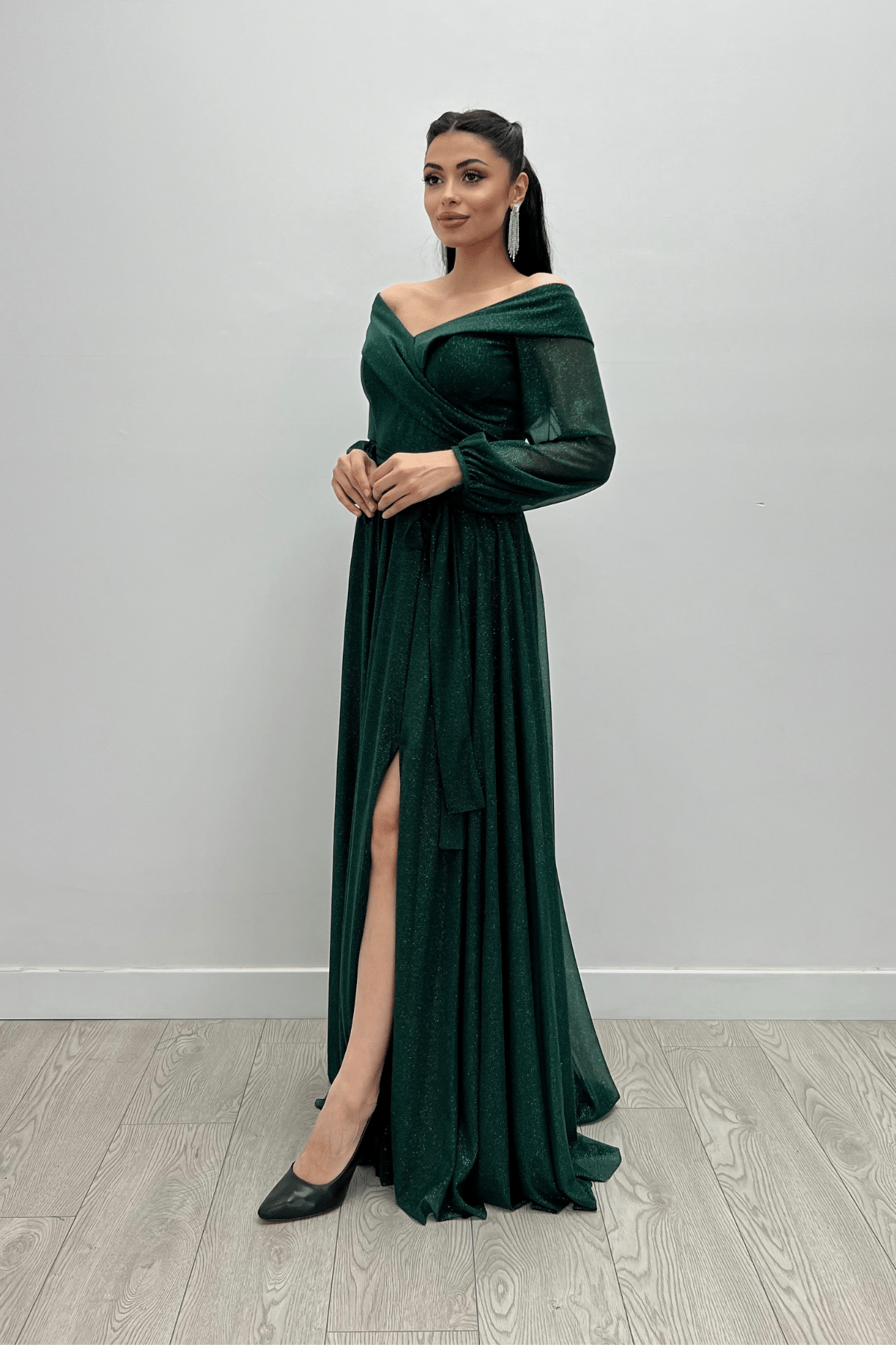 Bağcıklı Kol Kuşaklı Simli Tül Elbise - ZÜMRÜT YEŞİL