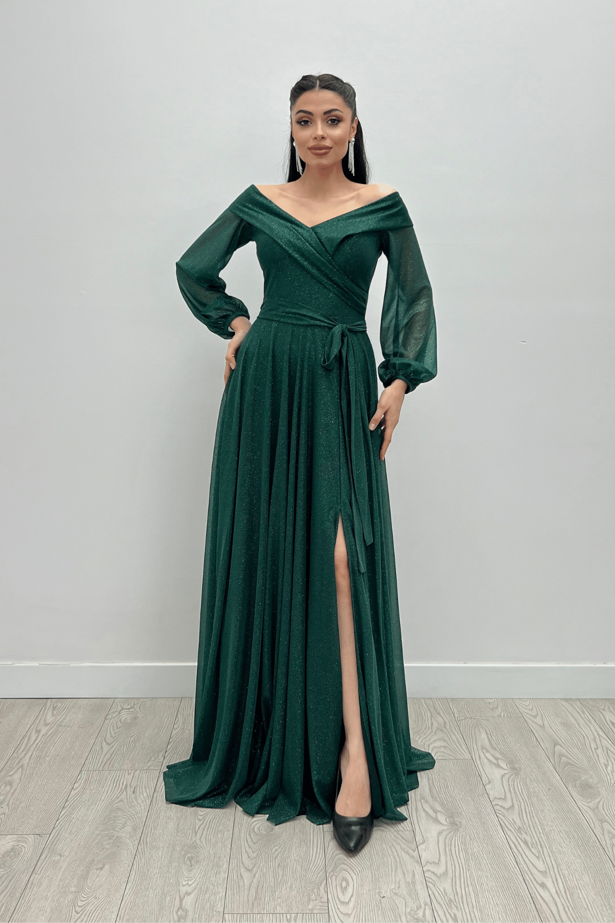 Bağcıklı Kol Kuşaklı Simli Tül Elbise - ZÜMRÜT YEŞİL