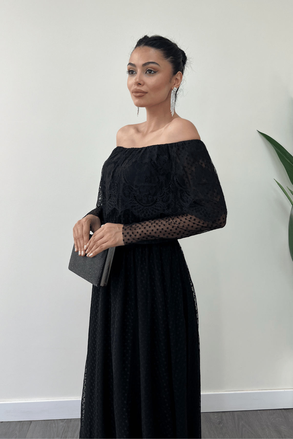 Elastic Waist Lace Dress - Black