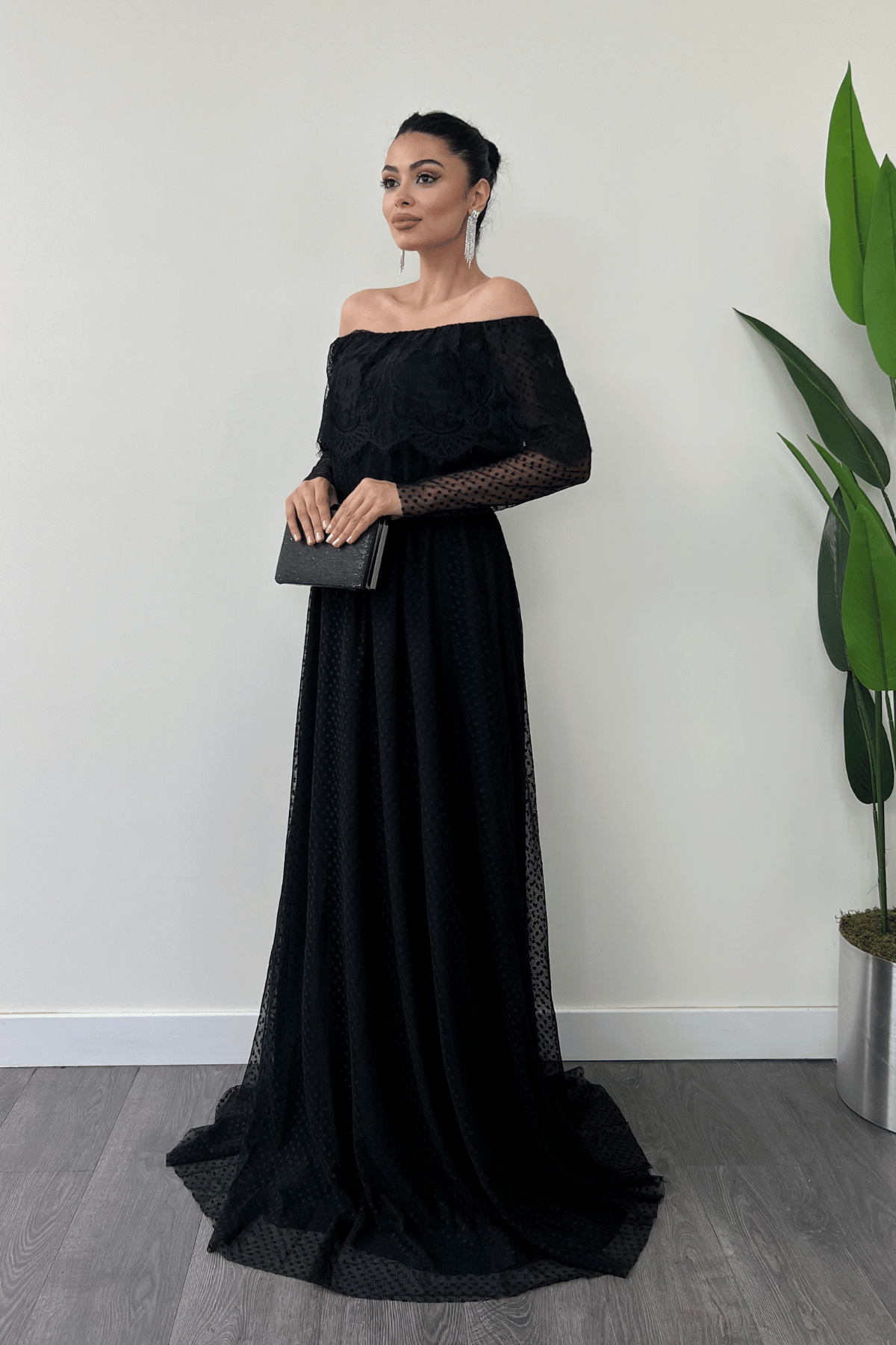 Elastic Waist Lace Dress - Black