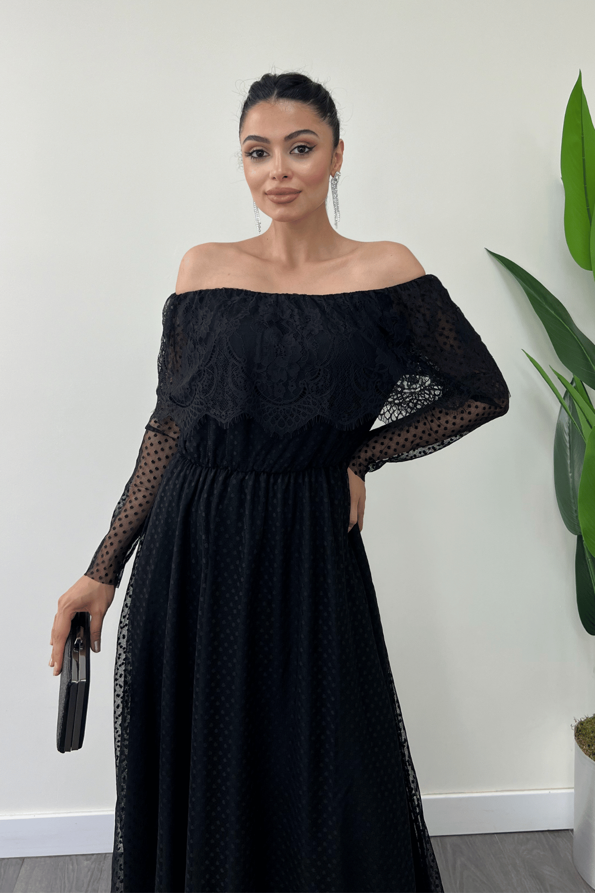 Elastic Waist Lace Dress - Black