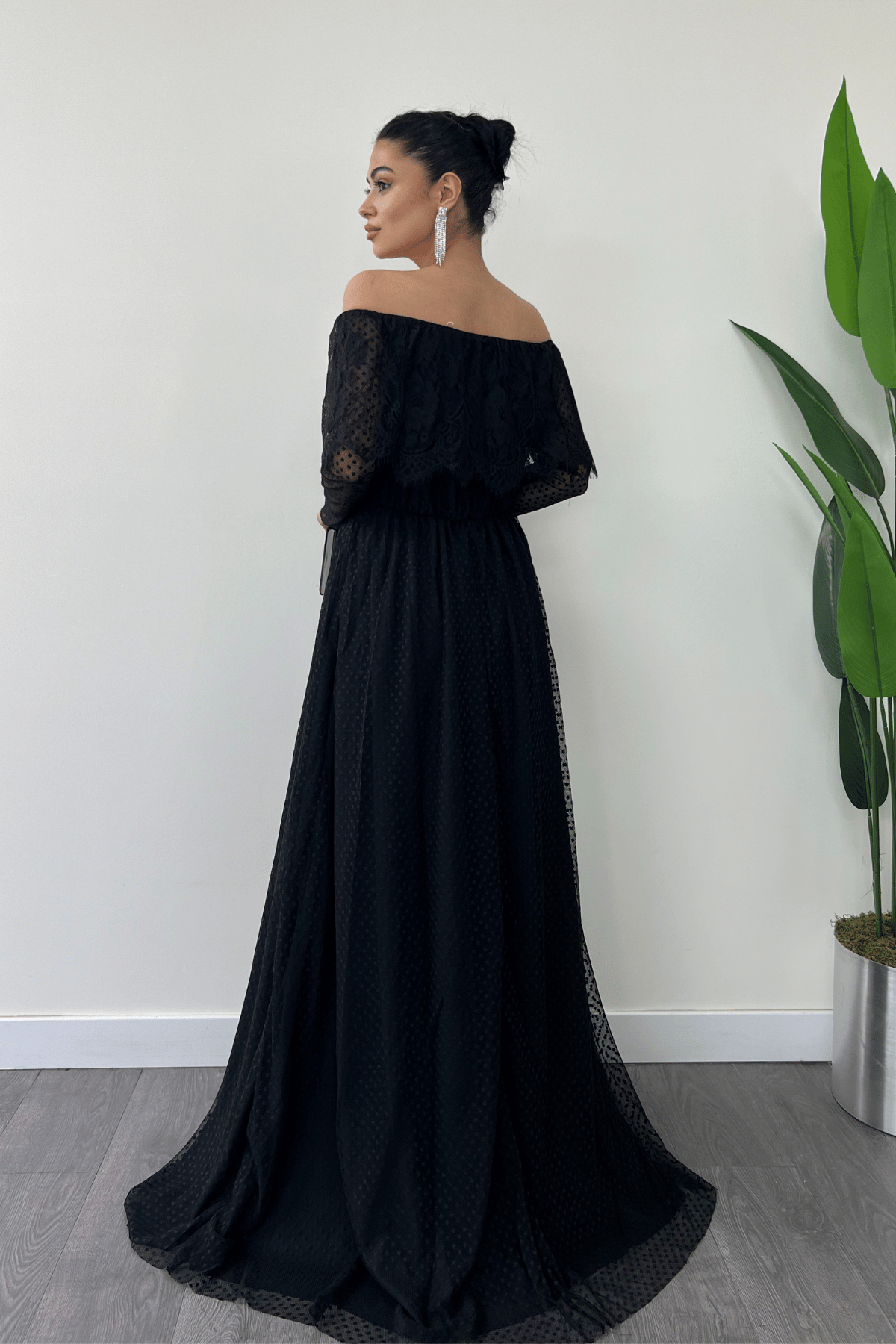 Elastic Waist Lace Dress - Black