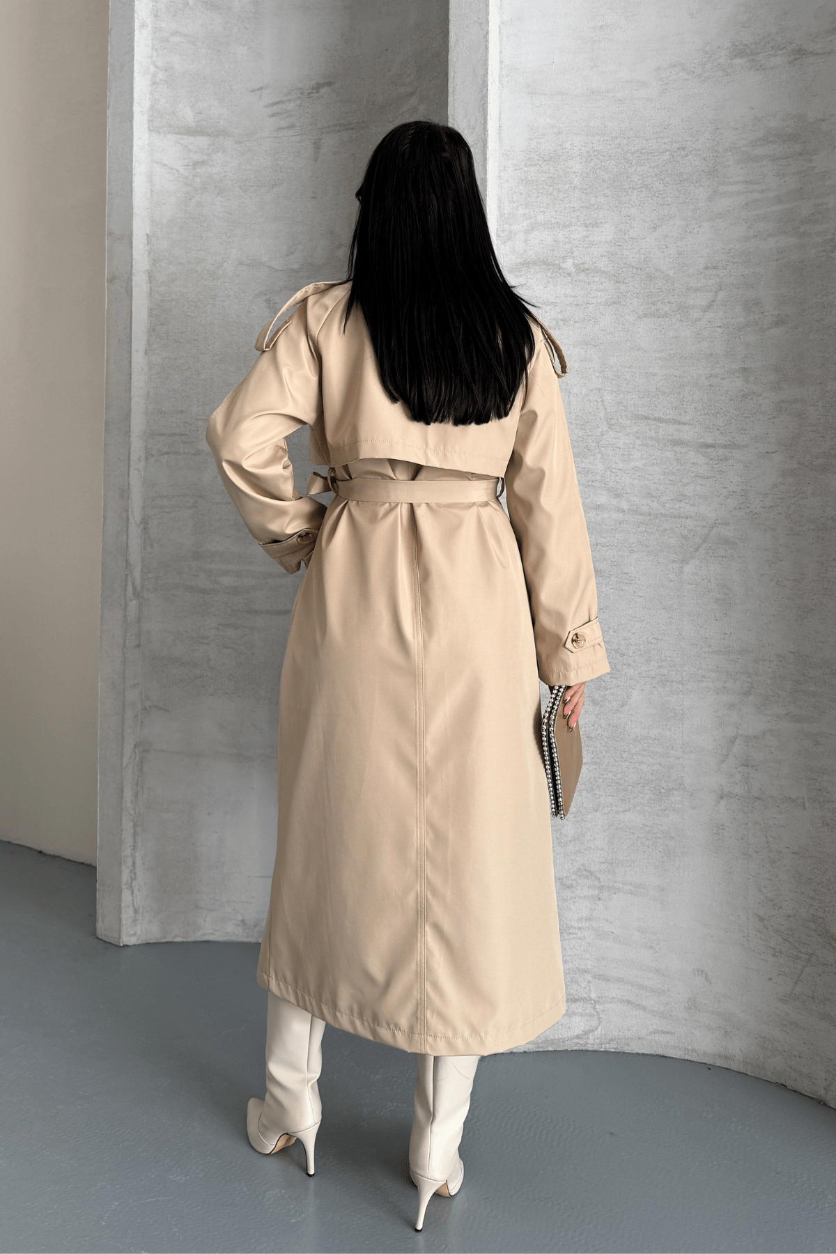 Bondit Kumaş Cepli Trençkot - KREM