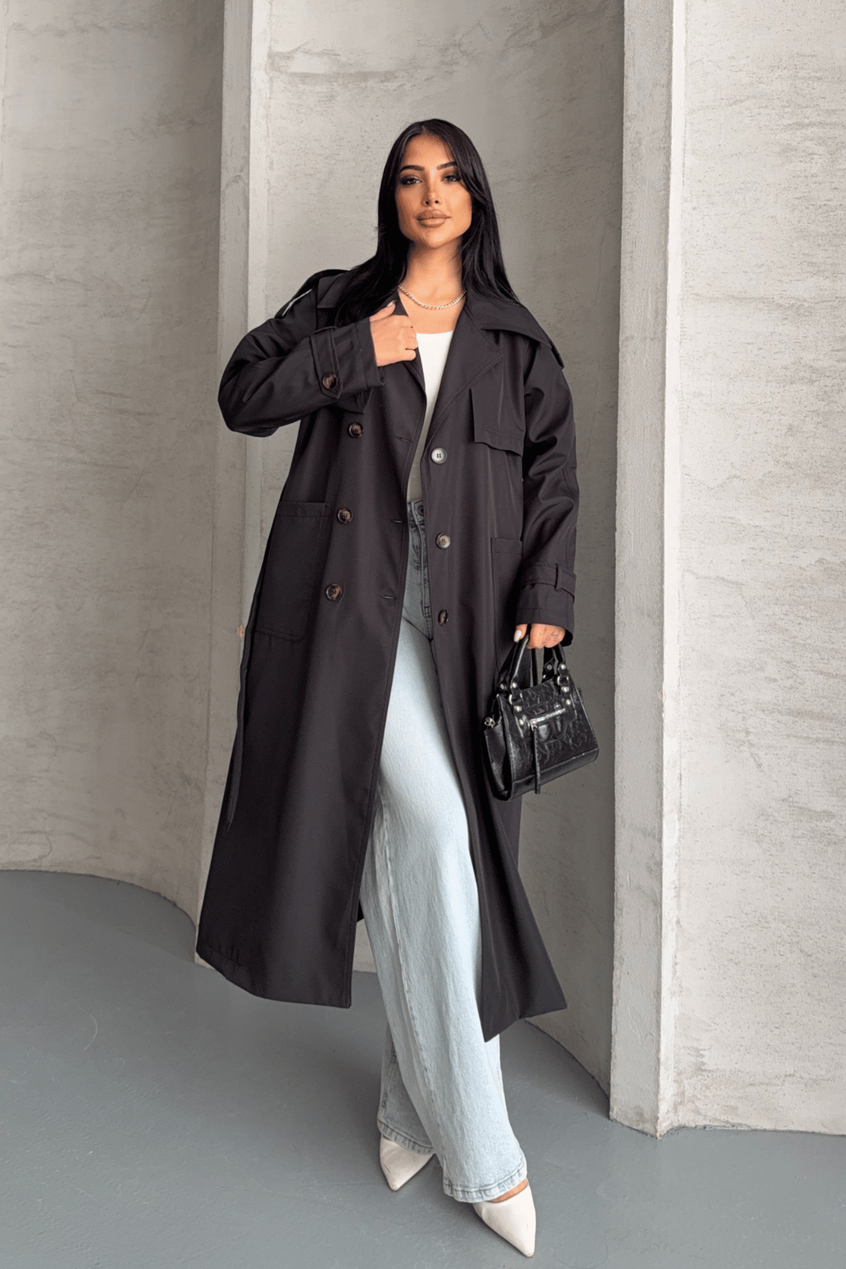 Bondit Kumaş Cepli Trençkot - SİYAH