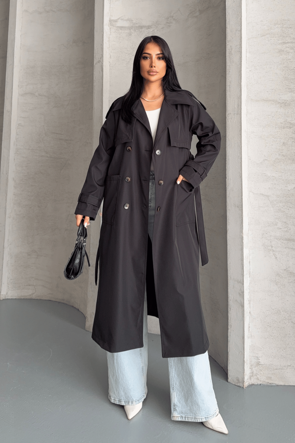 Bondit Kumaş Cepli Trençkot - SİYAH