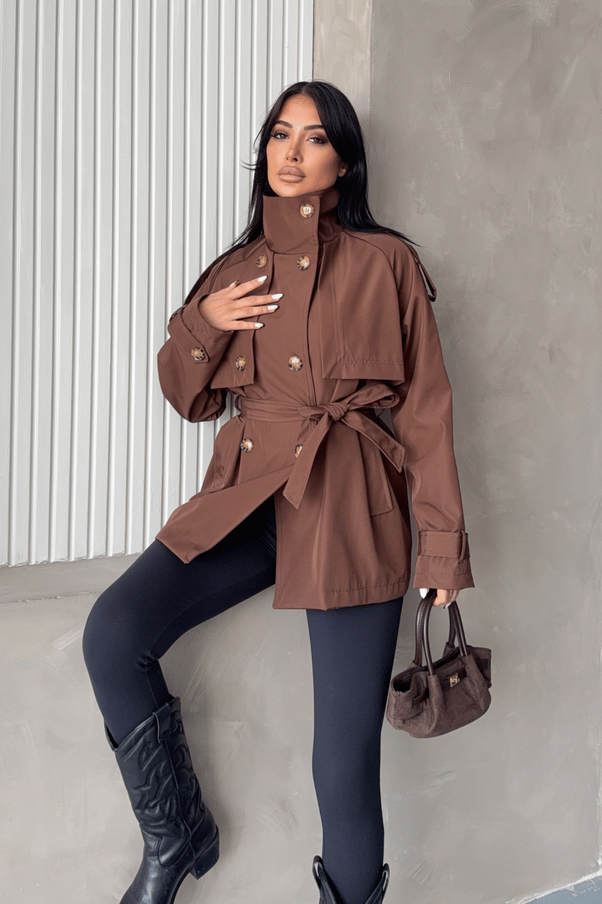 Bondit Kumaş Hakim Yaka Trençkot - KAHVERENGİ